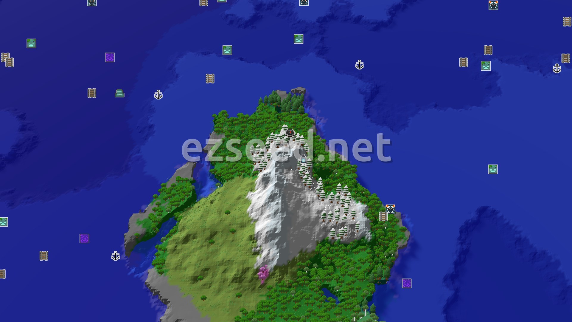 Aerial Minecraft seed map — A Mountainous Island Start with Nearby Dungeons