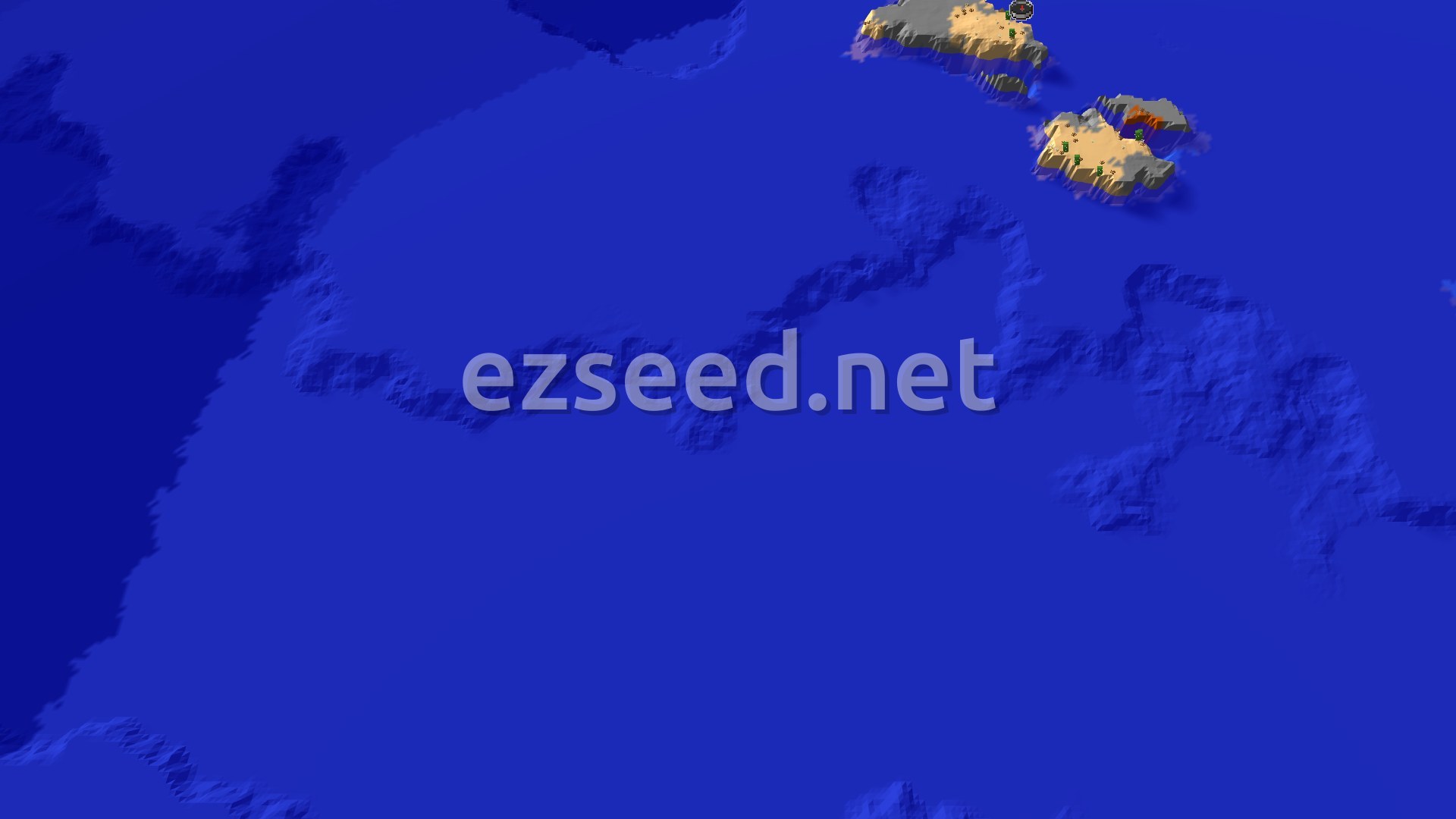 Aerial Minecraft seed map — Desert Island Spawn with Nearby Warm Ocean and Badlands