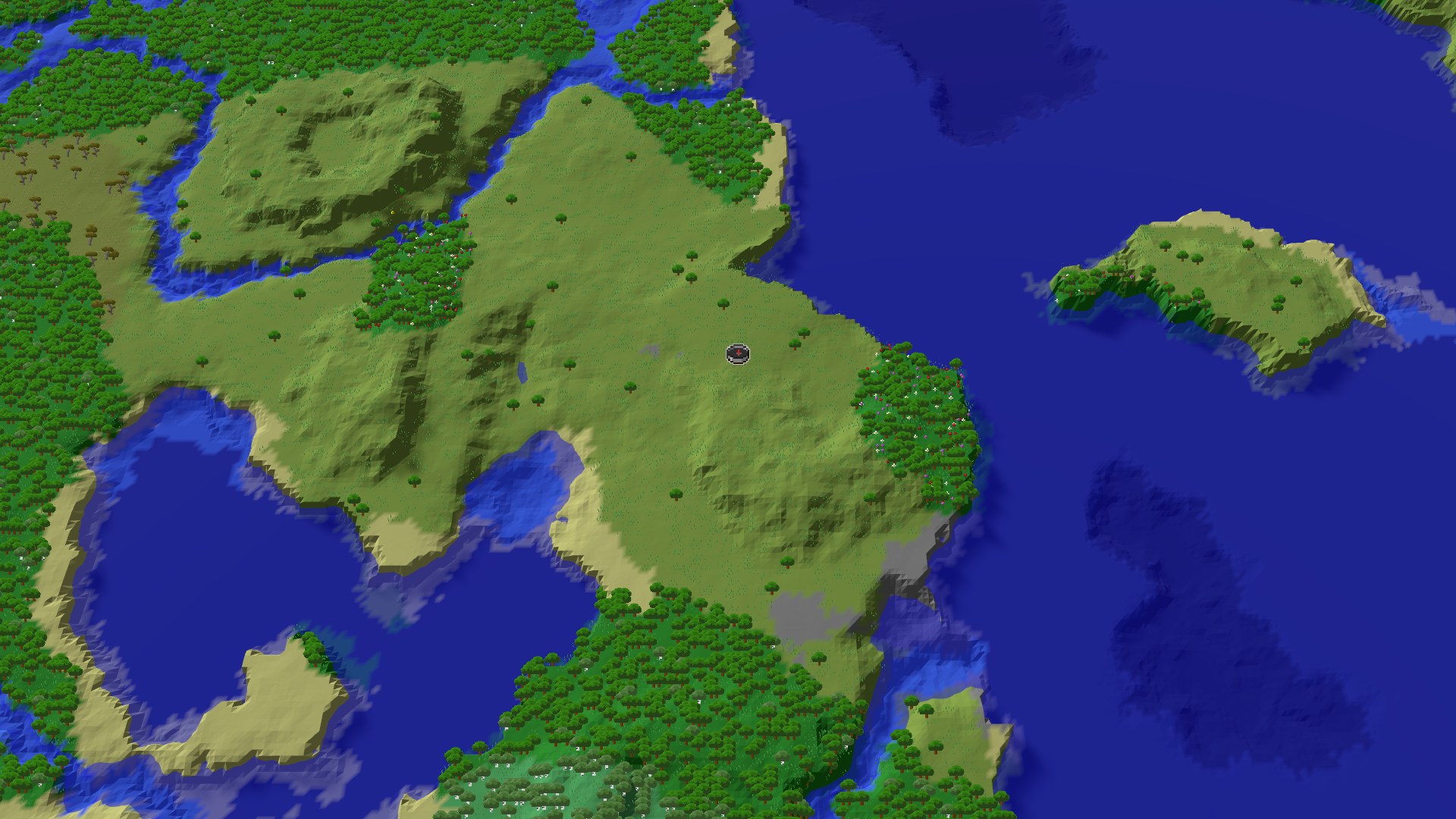 Aerial Minecraft seed map — Spawn in Plains with a nearby Flower Forest and village