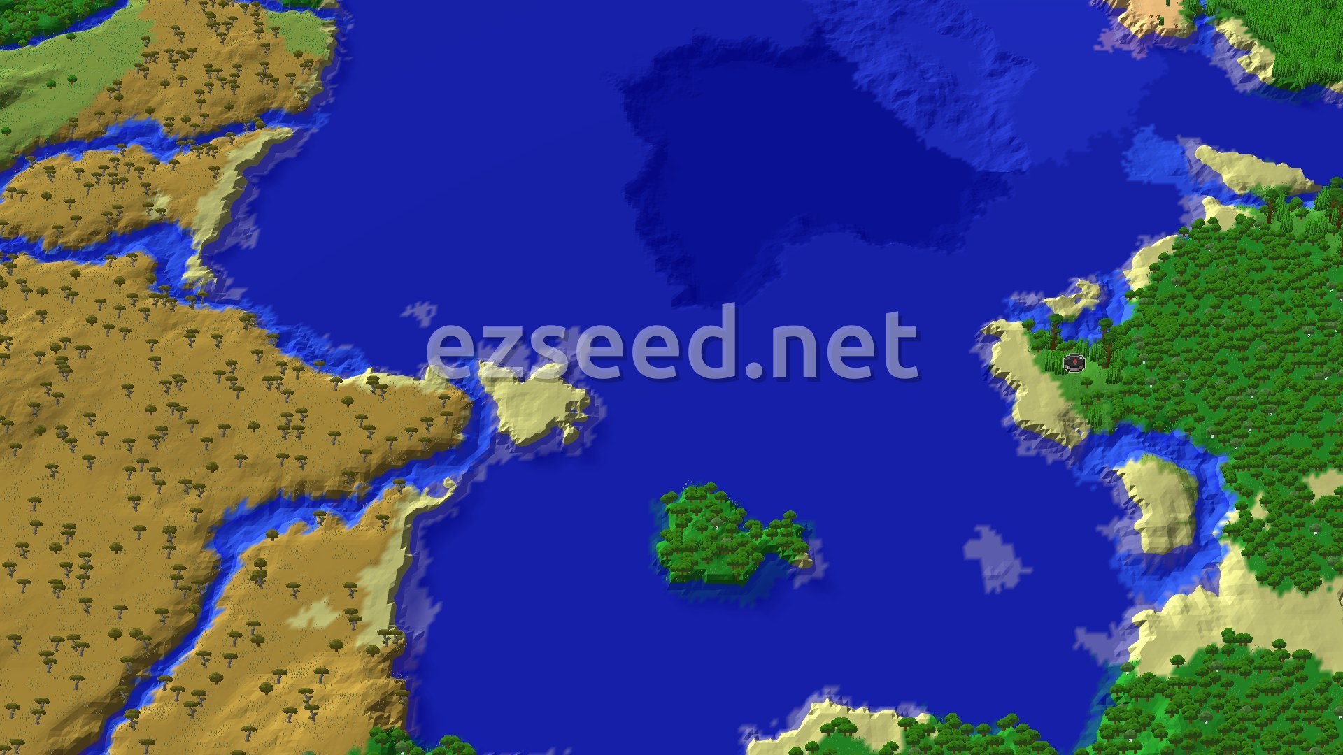 An aerial view showing a large expanse of blue ocean, bordered by green jungle and a tan savanna. A small island covered in trees is visible in the distance. A spawn marker is at the edge of the jungle near the water.
