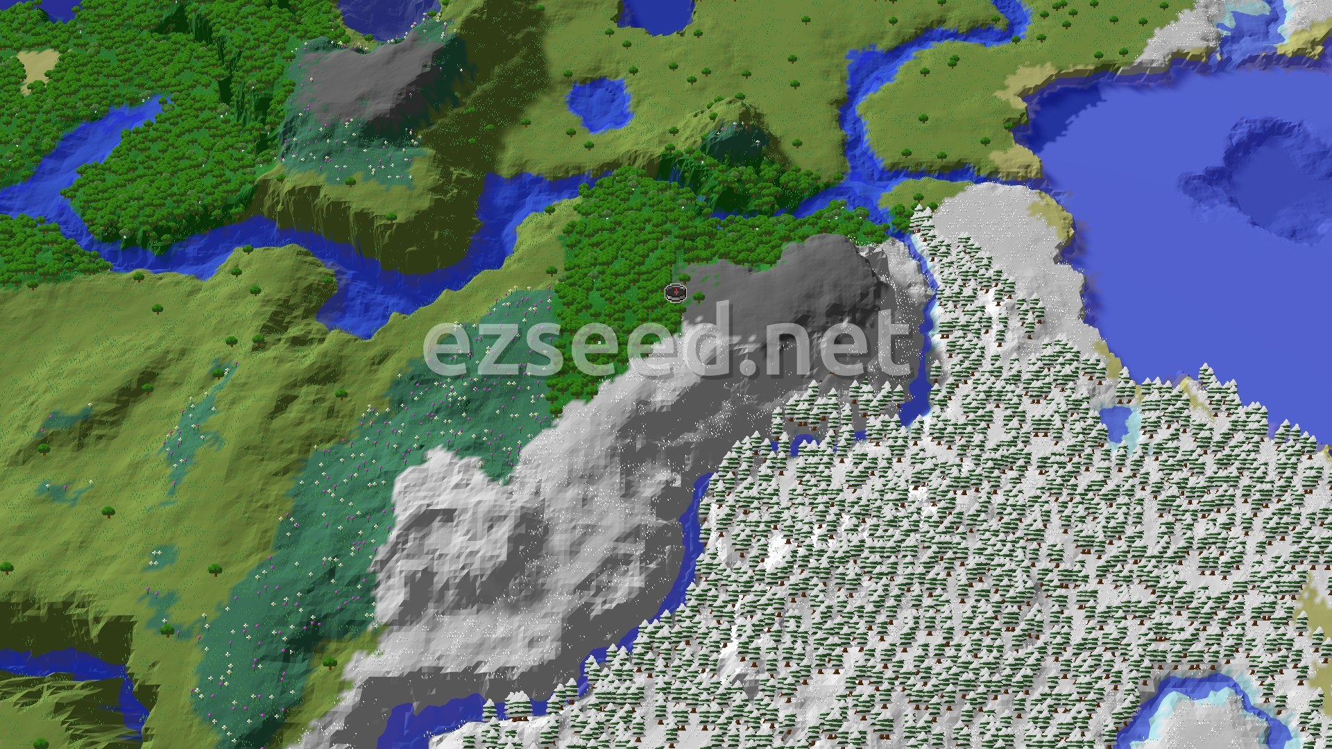 Aerial Minecraft seed map — Forest Spawn with Nearby Jagged Peaks and Snowy Biomes