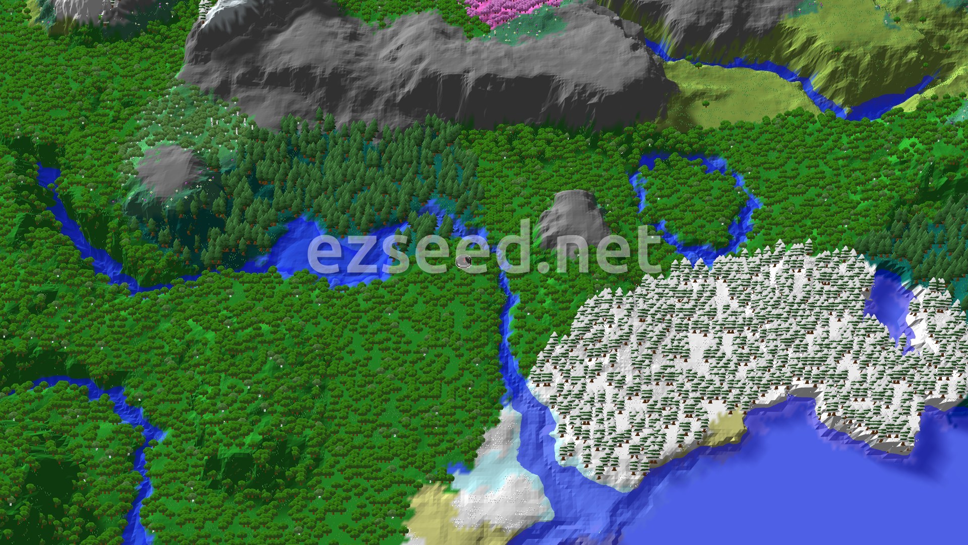 An aerial view showing a dense forest biome with rivers winding through it, transitioning into snowy taiga and a frozen ocean. Mountains and a small patch of cherry grove are visible in the distance.