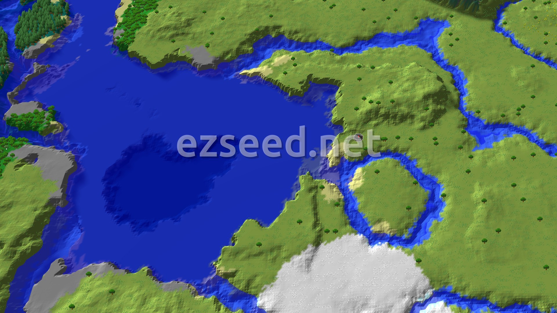A 3D fly-over of a varied landscape, showing a large ocean or bay with green plains and forests on the landmasses, and a snowy area to the south.
