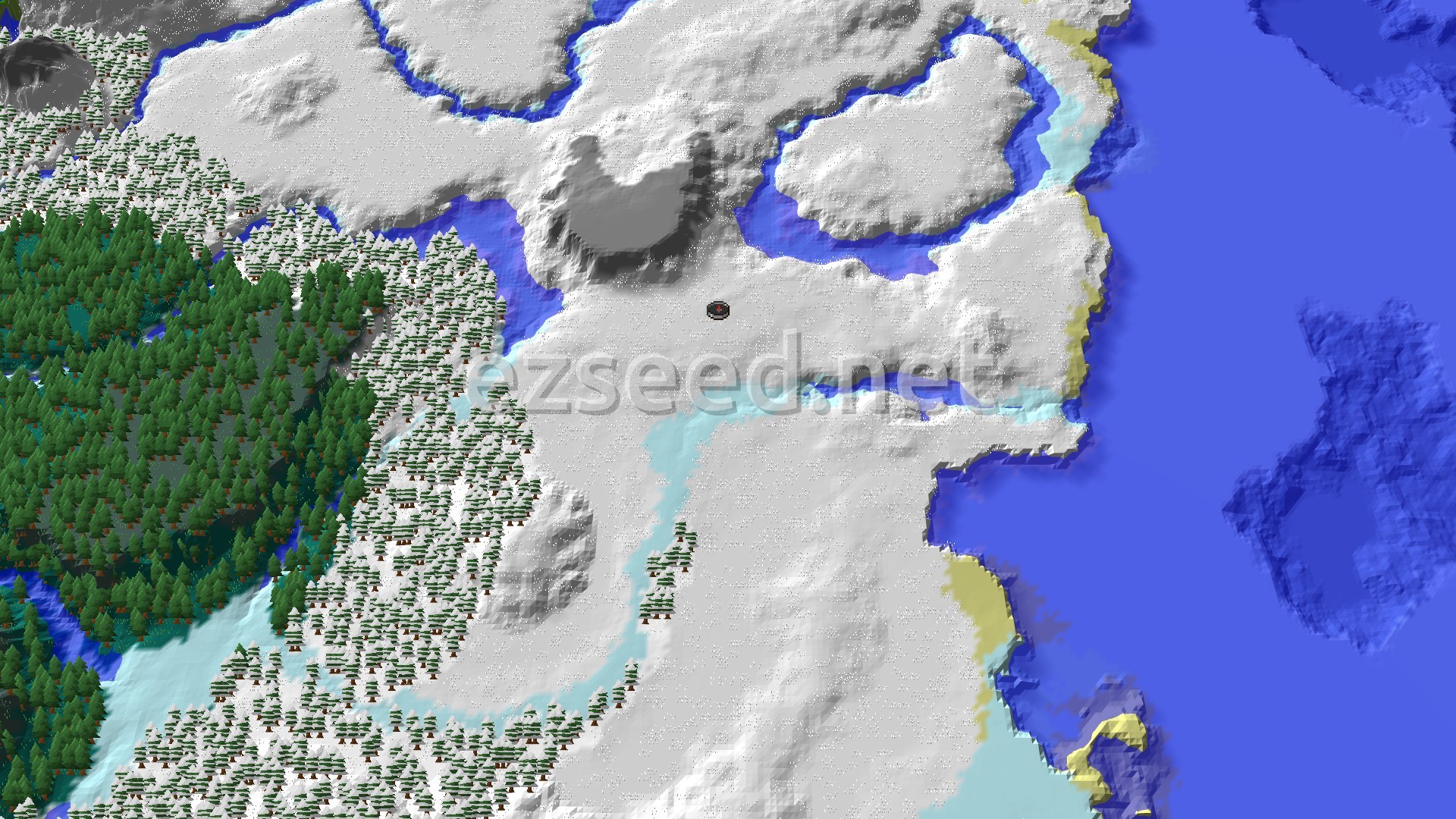 An overhead view of a snow-covered landscape with a frozen river winding through it, bordered by a dense forest on one side and a frozen ocean on the other, with a spawn marker in the center.