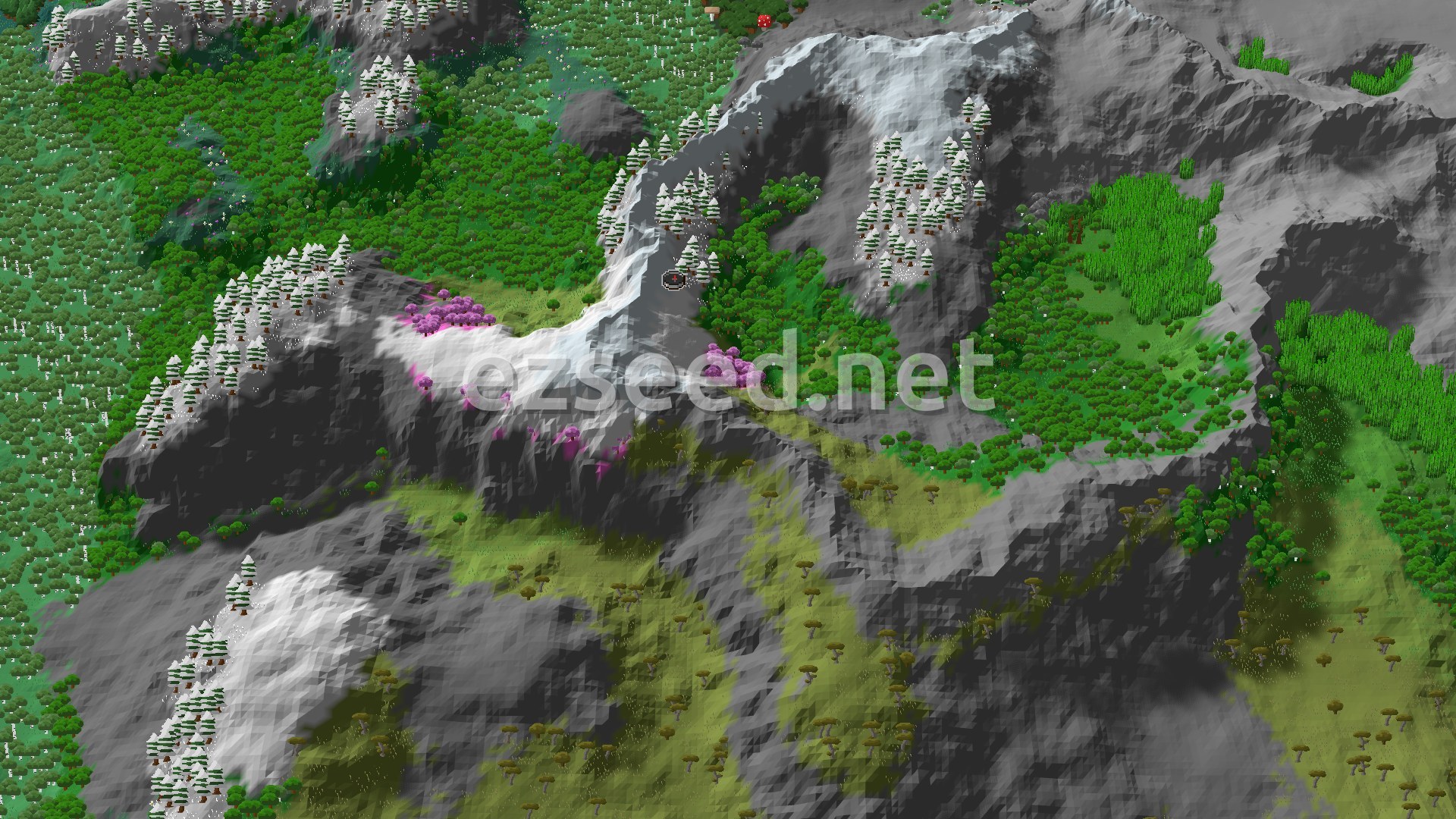 Aerial Minecraft seed map — Spawn Near a Mountain With a Hidden Cherry Grove