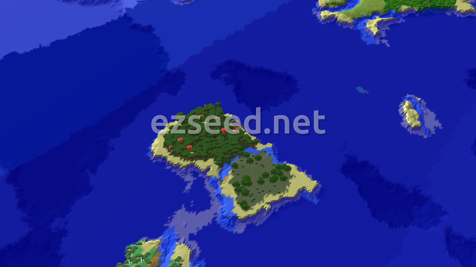 An aerial view of a mostly ocean world, with a prominent island in the center featuring a dark forest with red mushrooms, surrounded by beach and some smaller green trees. Other smaller islands are visible in the distance.