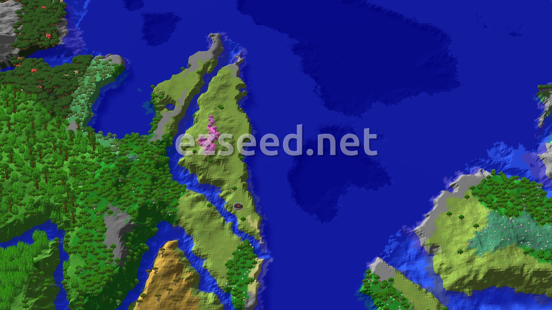 Aerial Minecraft seed map — A Flower Forest and Jungle Island Near Spawn
