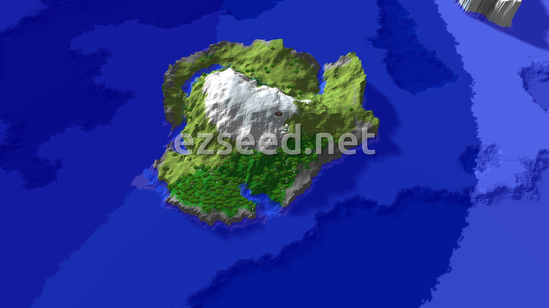 Aerial Minecraft seed map — Frozen Peaks Spawn with Nearby Village