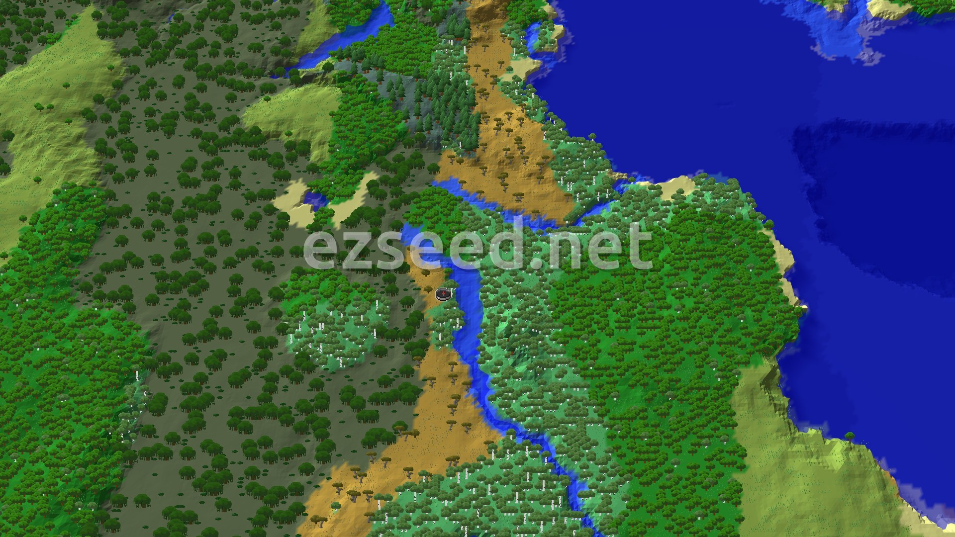 An aerial view of a varied landscape featuring dense forests, a winding river, and a large ocean. Hills rise in the distance, and a small spawn marker is visible near the river.