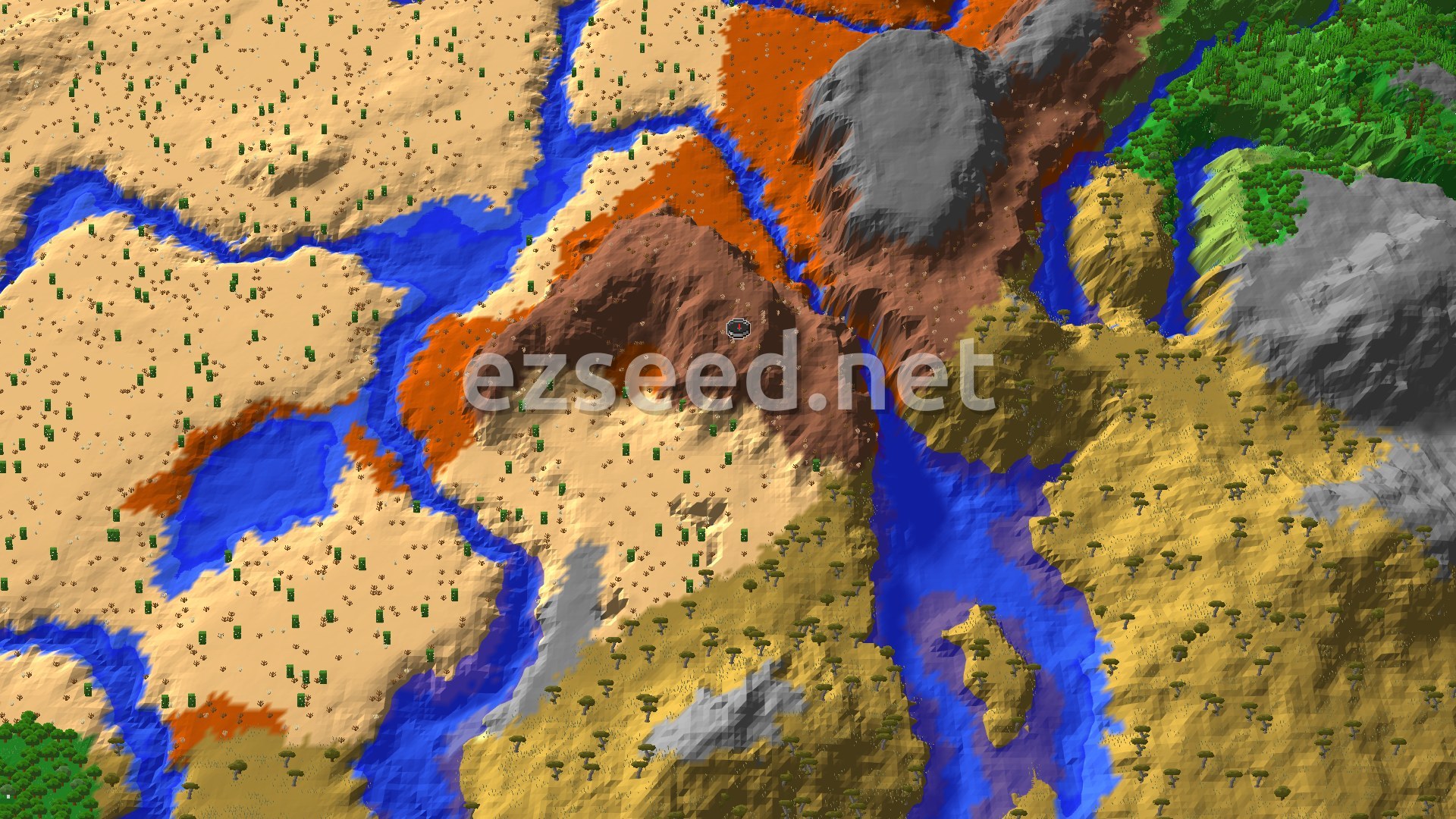 Aerial Minecraft seed map — Badlands Spawn with Nearby Ancient City