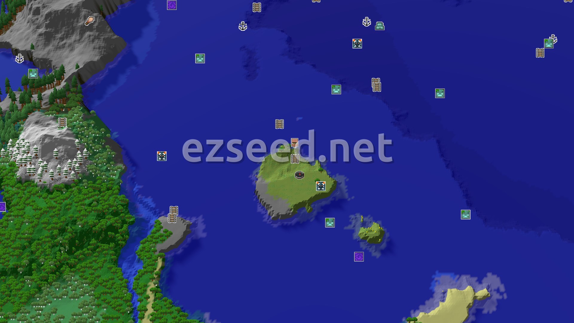 Aerial Minecraft seed map — Spawn on a Plains Island with Close Trial Chambers