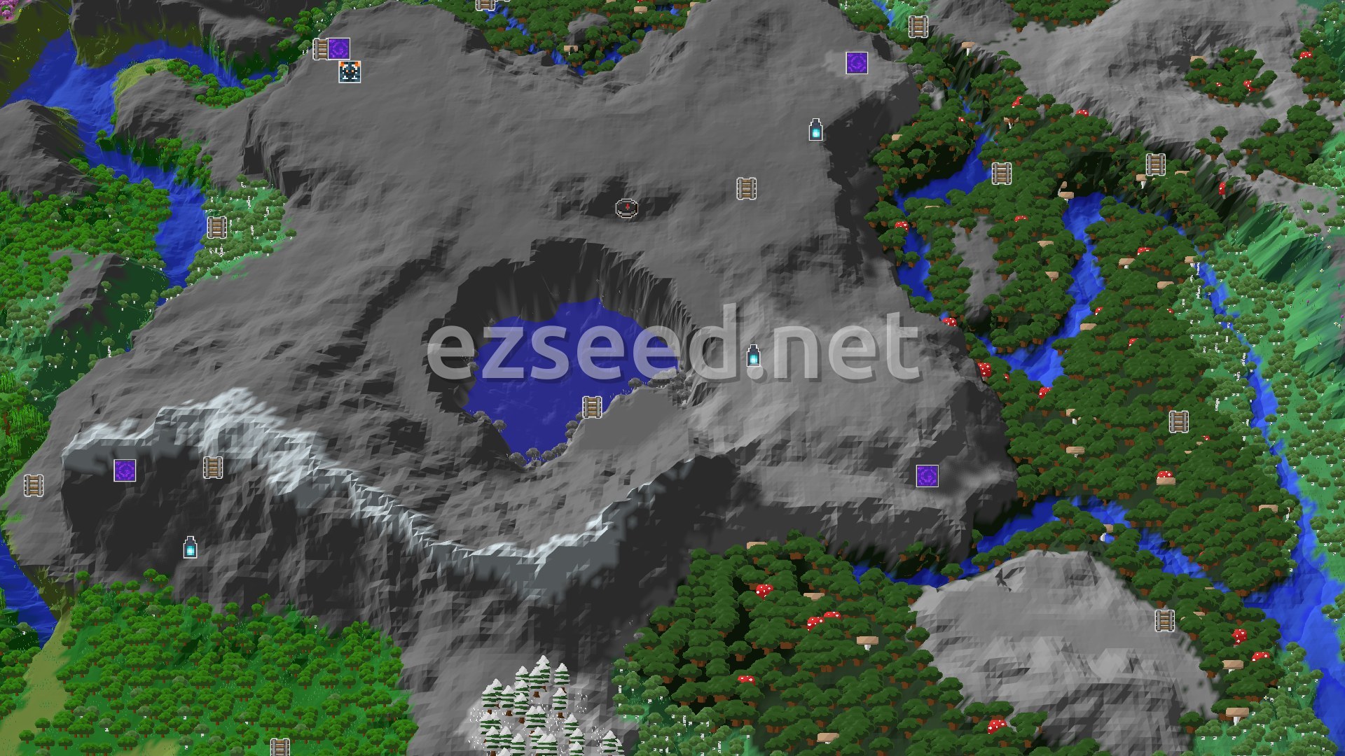 Aerial Minecraft seed map — A Quiet Start in Pale Garden, Near a Mountain Crater