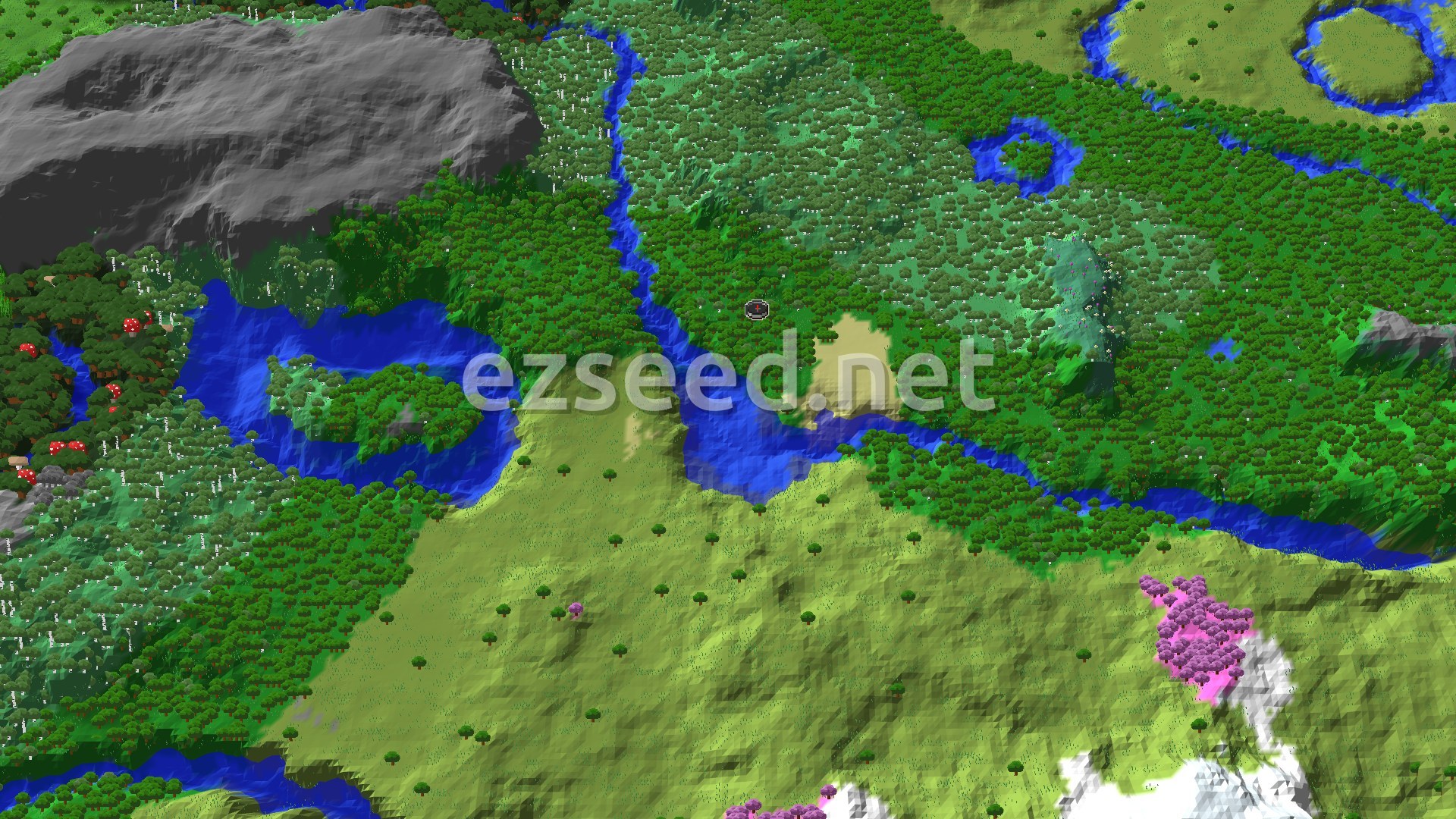 Aerial Minecraft seed map — Forest Spawn with Nearby Ancient City and Taiga