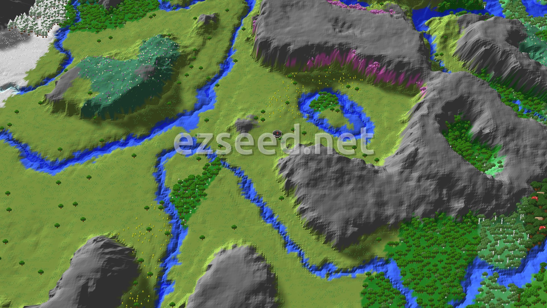 Aerial Minecraft seed map — Spawn Near a Cherry Grove and Close Trial Chambers