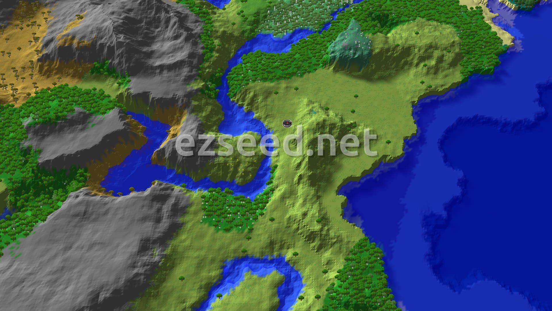 Aerial Minecraft seed map — Village with Trial Chambers and Flower Forest Nearby