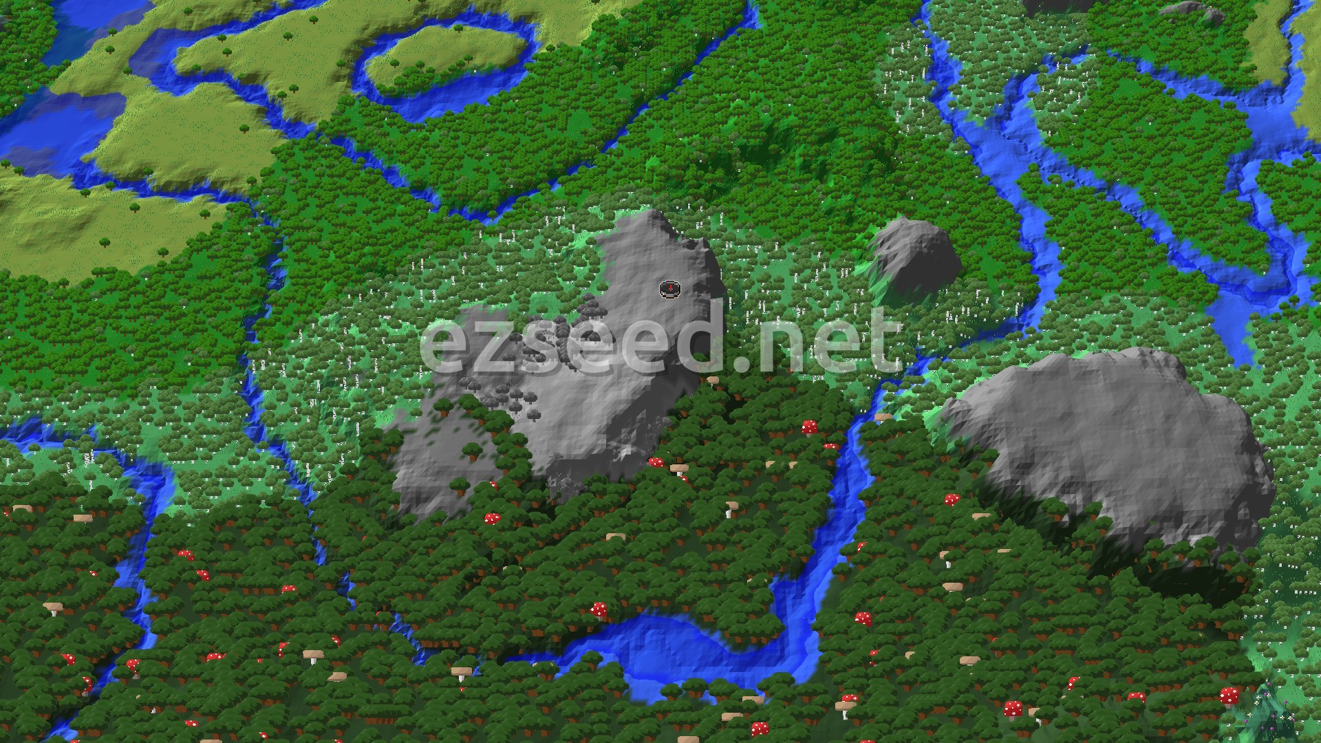 Aerial Minecraft seed map — Pale Garden Spawn with a Nearby Mansion