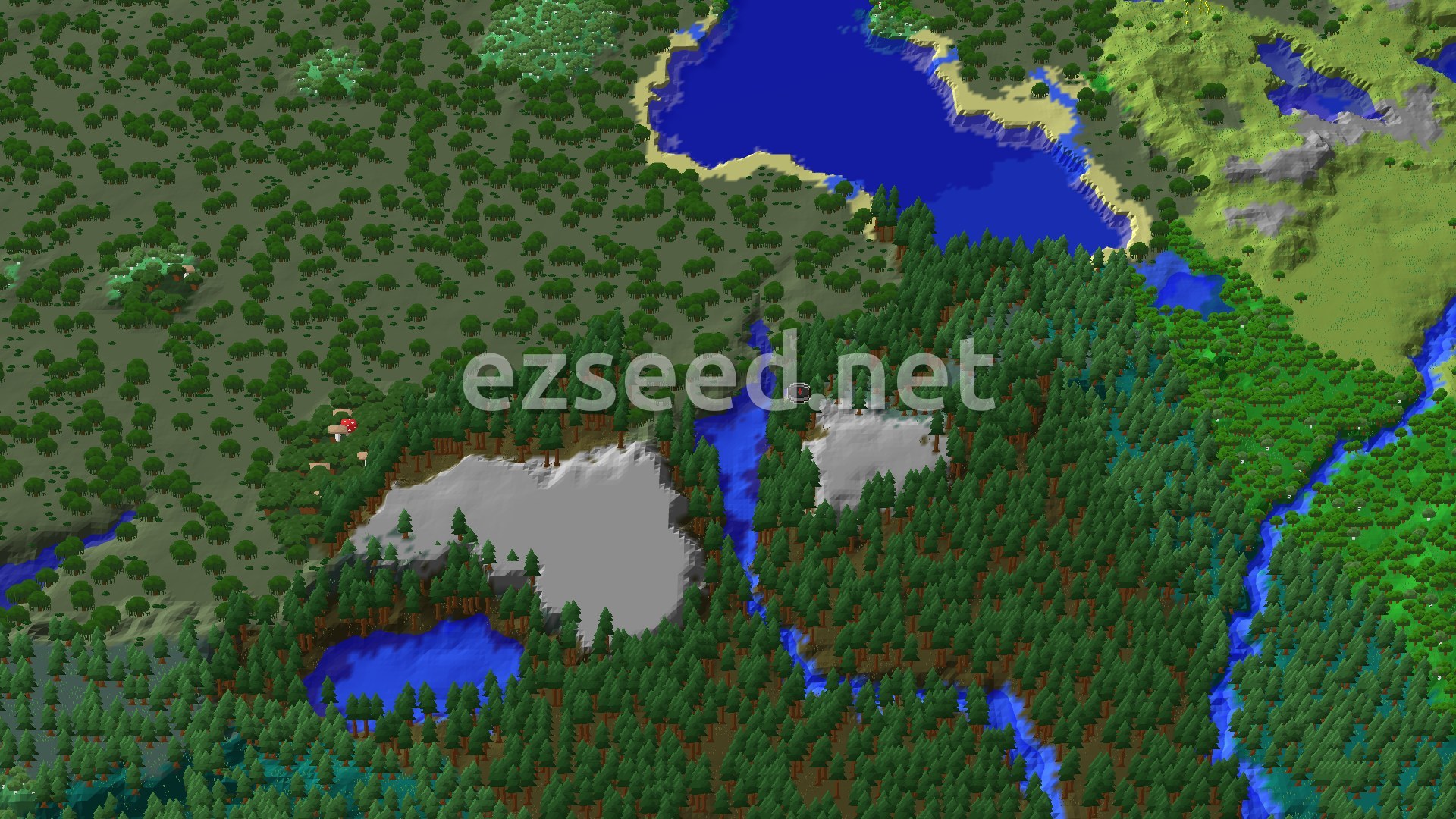 An aerial view of a dense Old Growth Pine Taiga and a large swamp, with rivers winding through forested hills and a sandy beach bordering a vast ocean.