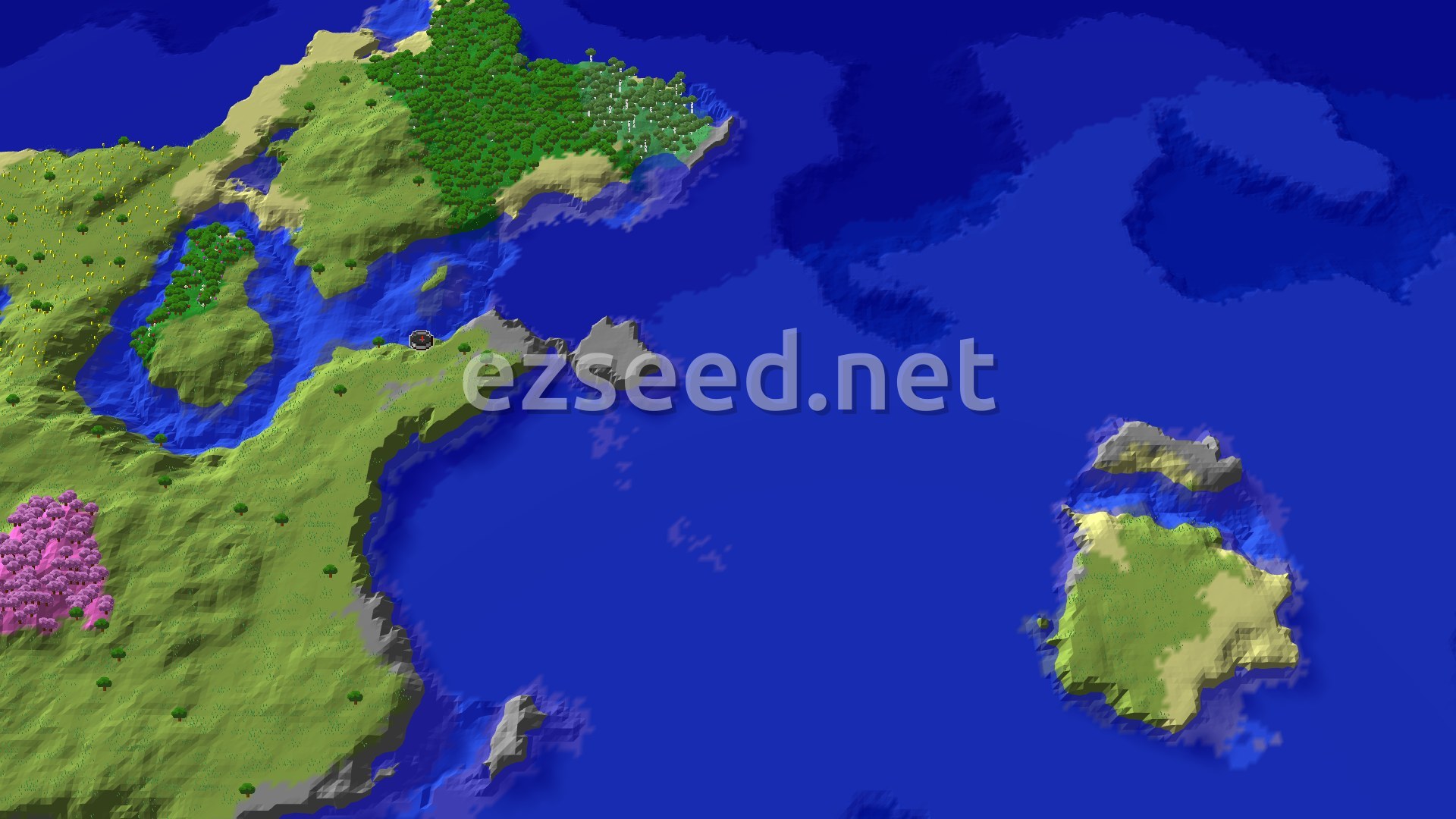 Aerial Minecraft seed map — Flower Forest and Cherry Grove Near Spawn