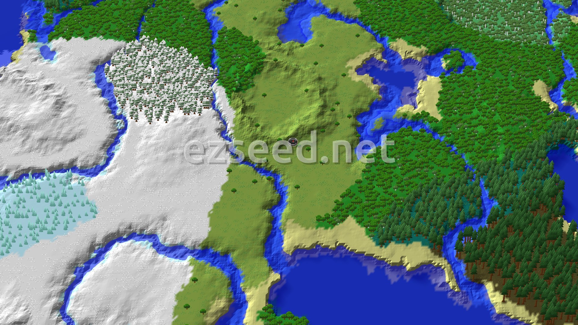 A bird's-eye view of a varied Minecraft landscape, showing a central green plains area surrounded by forests, rivers, and a large snowy expanse to the west, with a small spawn marker in the middle.