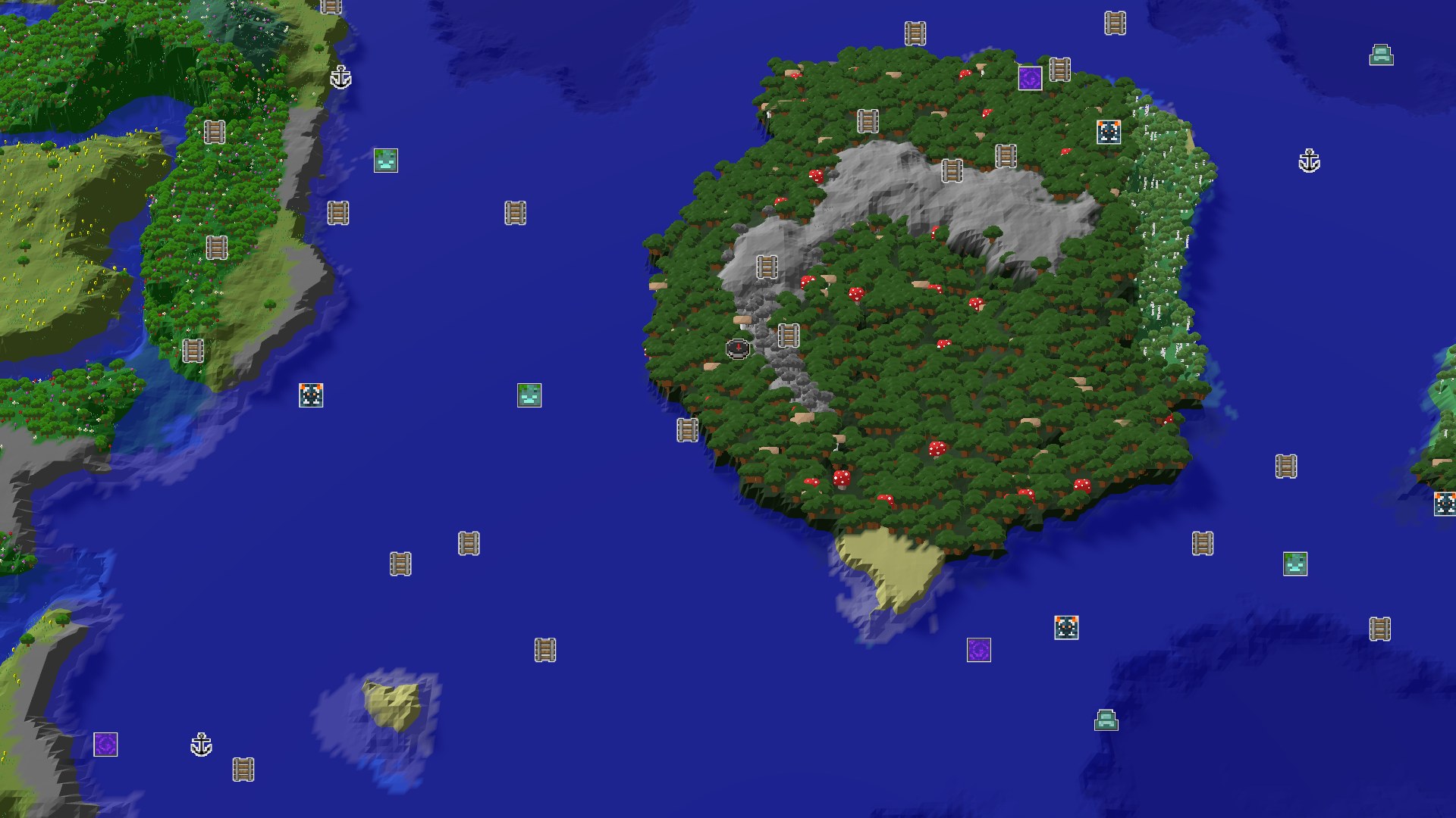 An overhead view of a large island covered mostly in dark forest, with some lighter green patches and a central rocky, mountainous area. The island is surrounded by deep blue ocean, with smaller landmasses visible in the distance.