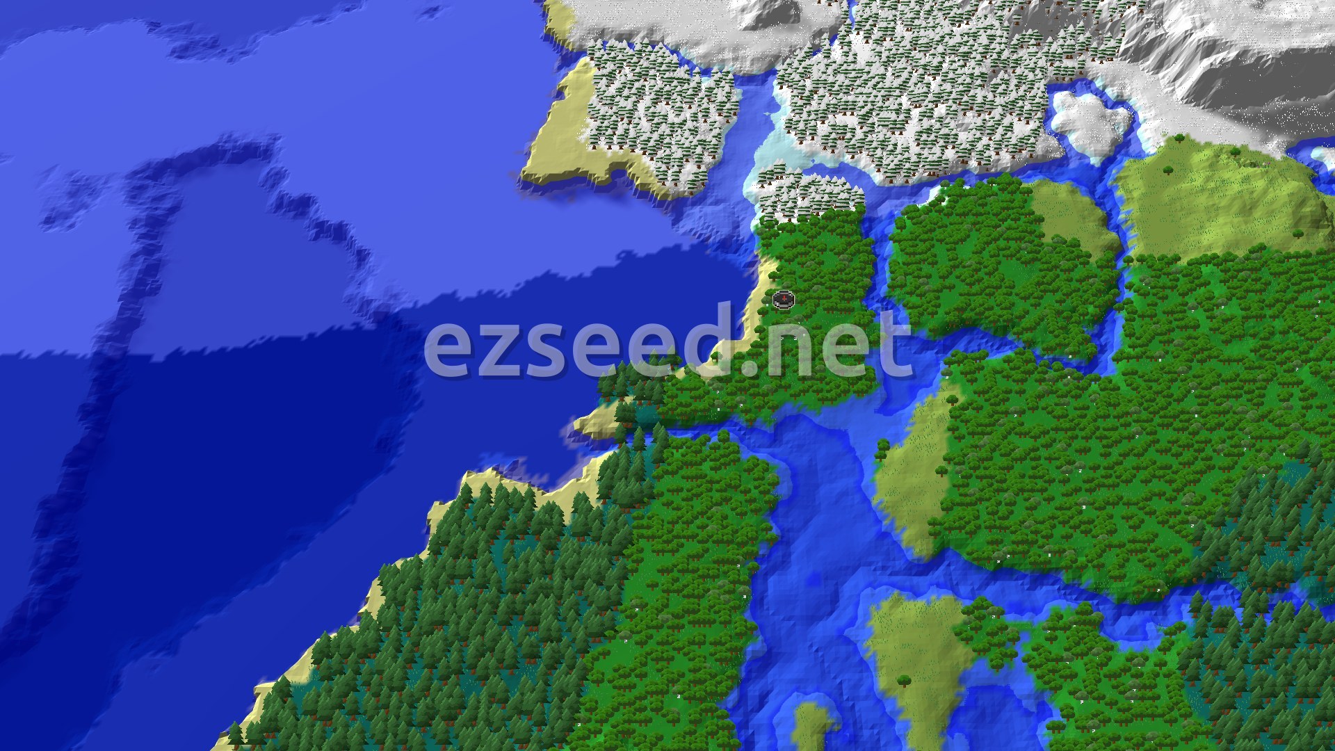 Aerial Minecraft seed map — Forest Spawn with Nearby Cold & Frozen Oceans