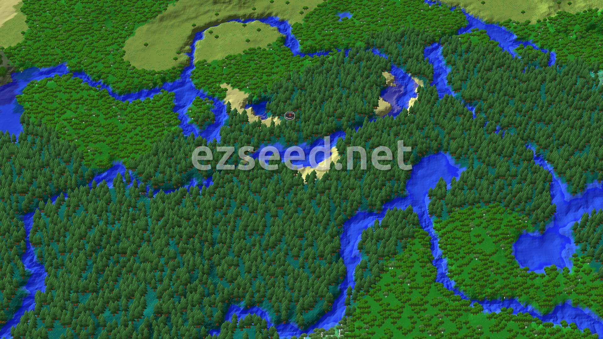 An aerial view of a dense Taiga forest with a winding river and some sandy beaches near the spawn point.
