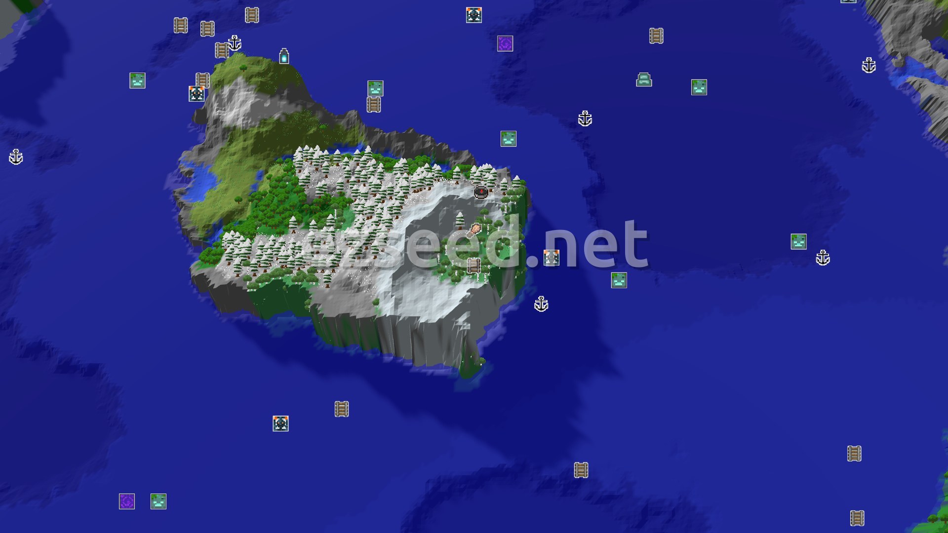 Aerial Minecraft seed map — Frozen Peaks Spawn with Close Trial Chambers