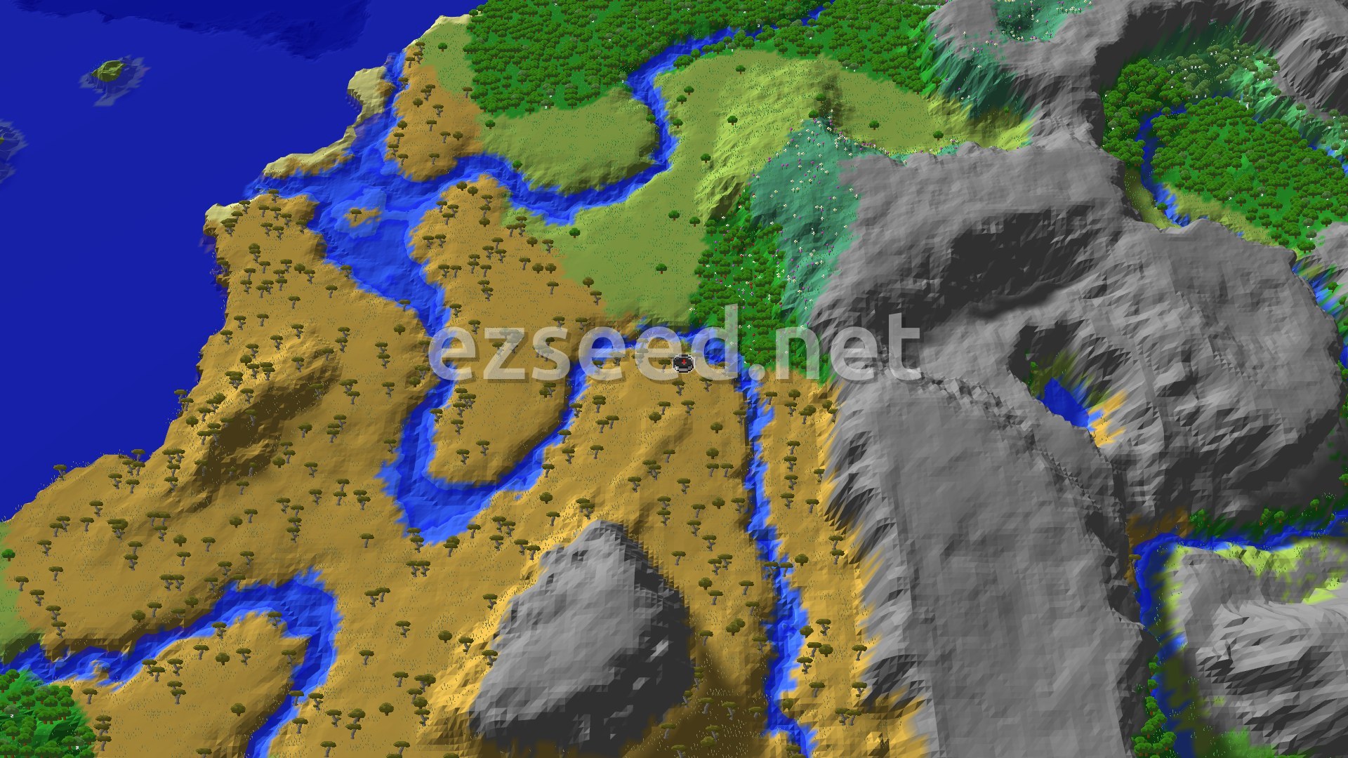 Aerial Minecraft seed map — Savanna Spawn with a Close Flower Forest and Trial Chambers