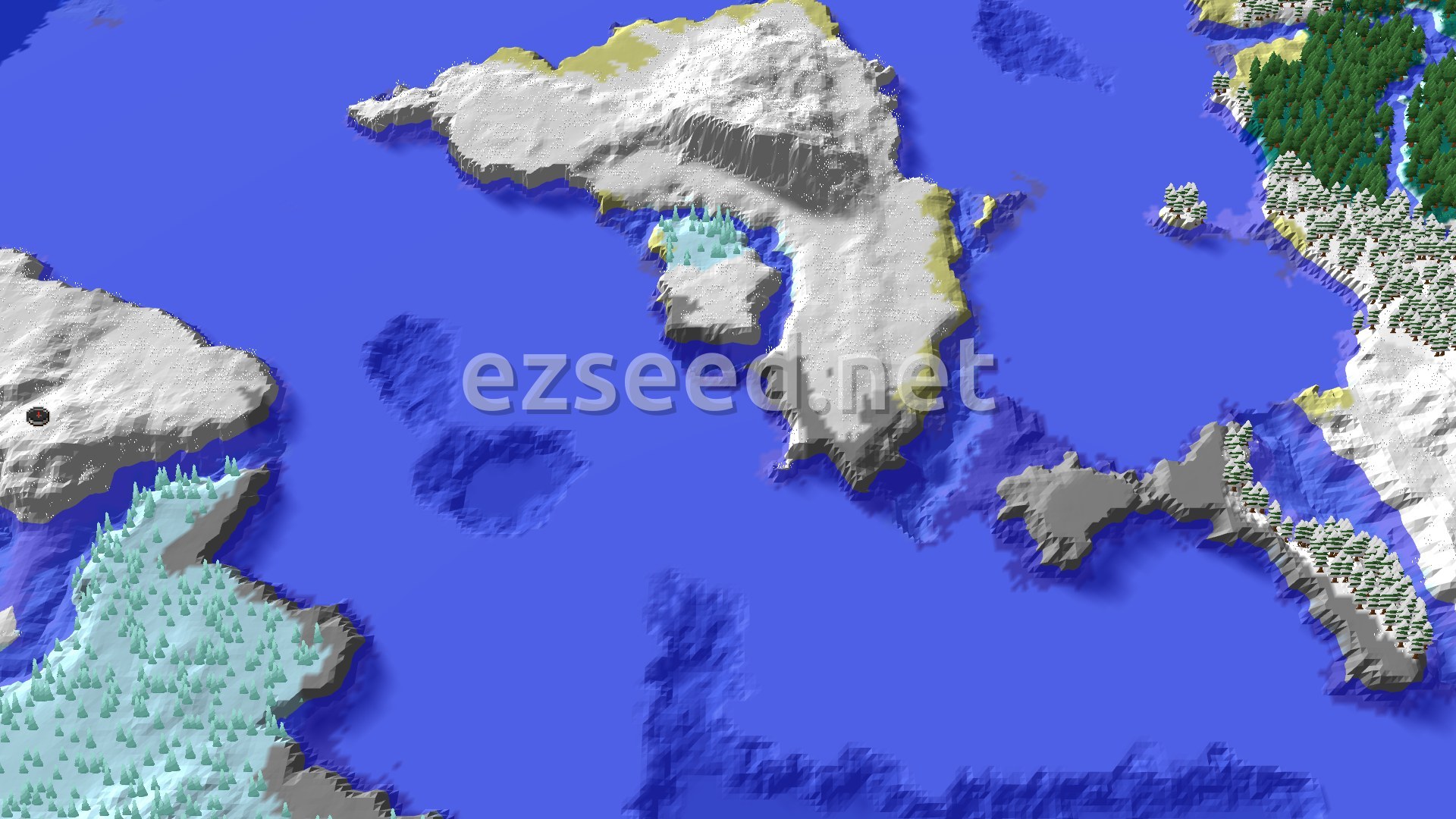 A 3D fly-over of a snow-covered, hilly archipelago with a small spawn marker on a snowy plain.