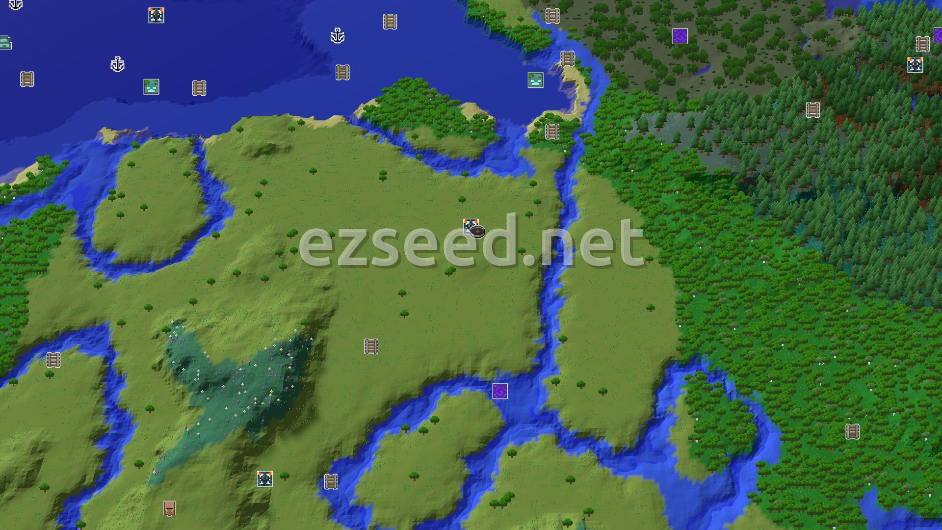 Aerial Minecraft seed map — A Quiet Plains Start with Close Structures
