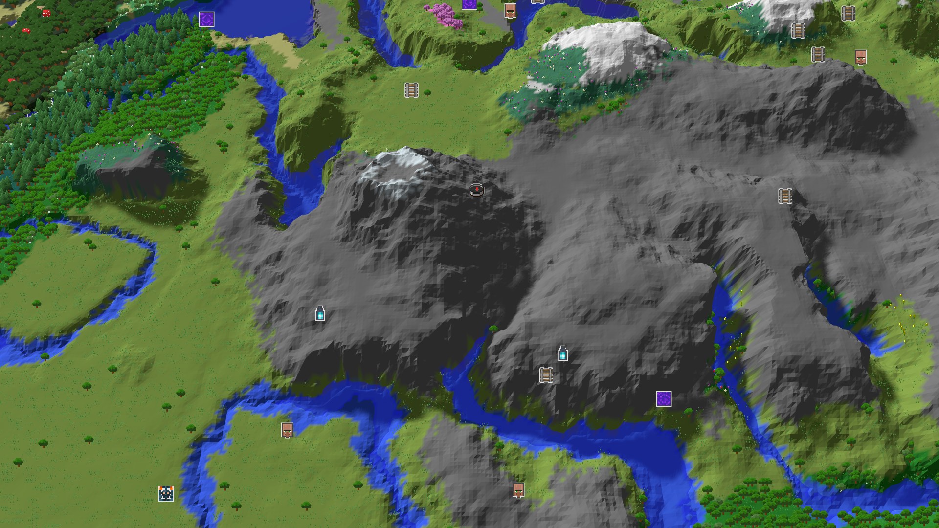 A 3D overhead view of a mountainous, snowy, and forested landscape with a central spawn marker.