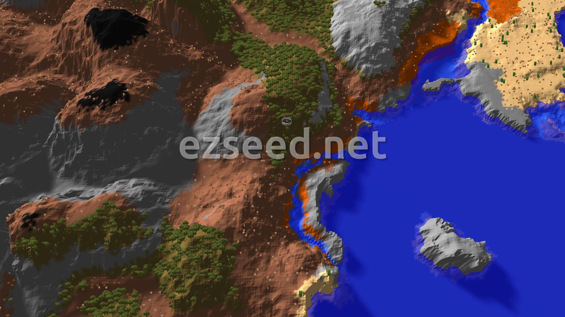 An aerial view of a varied landscape, showing a prominent Wooded Badlands biome with reddish-brown earth and scattered trees, bordering a blue ocean. There are also areas of gray stony shores and some patches of sandy desert further off to the right.