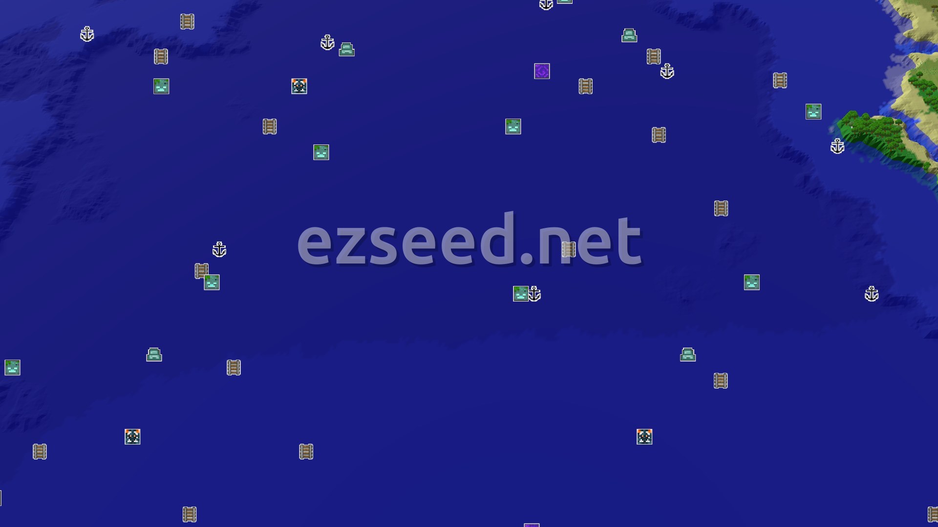Aerial Minecraft seed map — Trial Chambers Near Spawn on a Coastal World