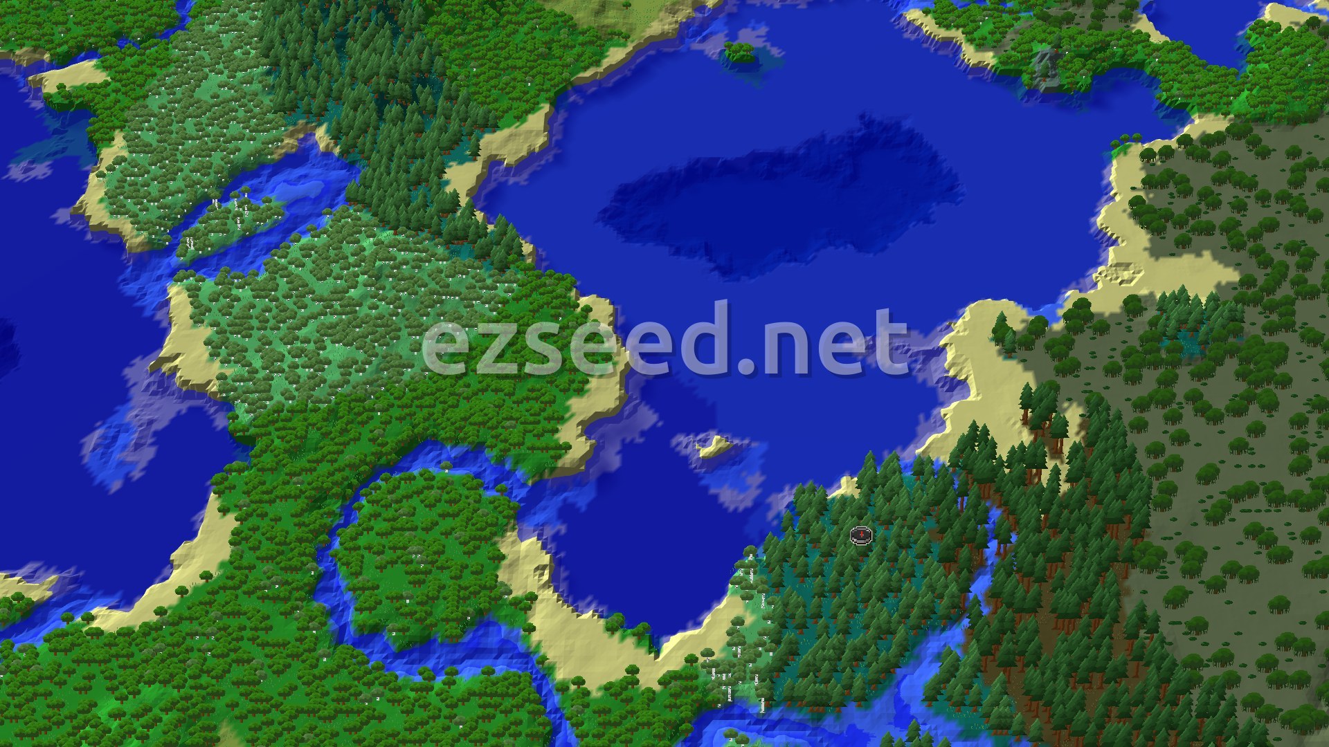 An aerial view of a forested landscape with a large body of water, sandy beaches, and a small spawn marker in a dense forest.