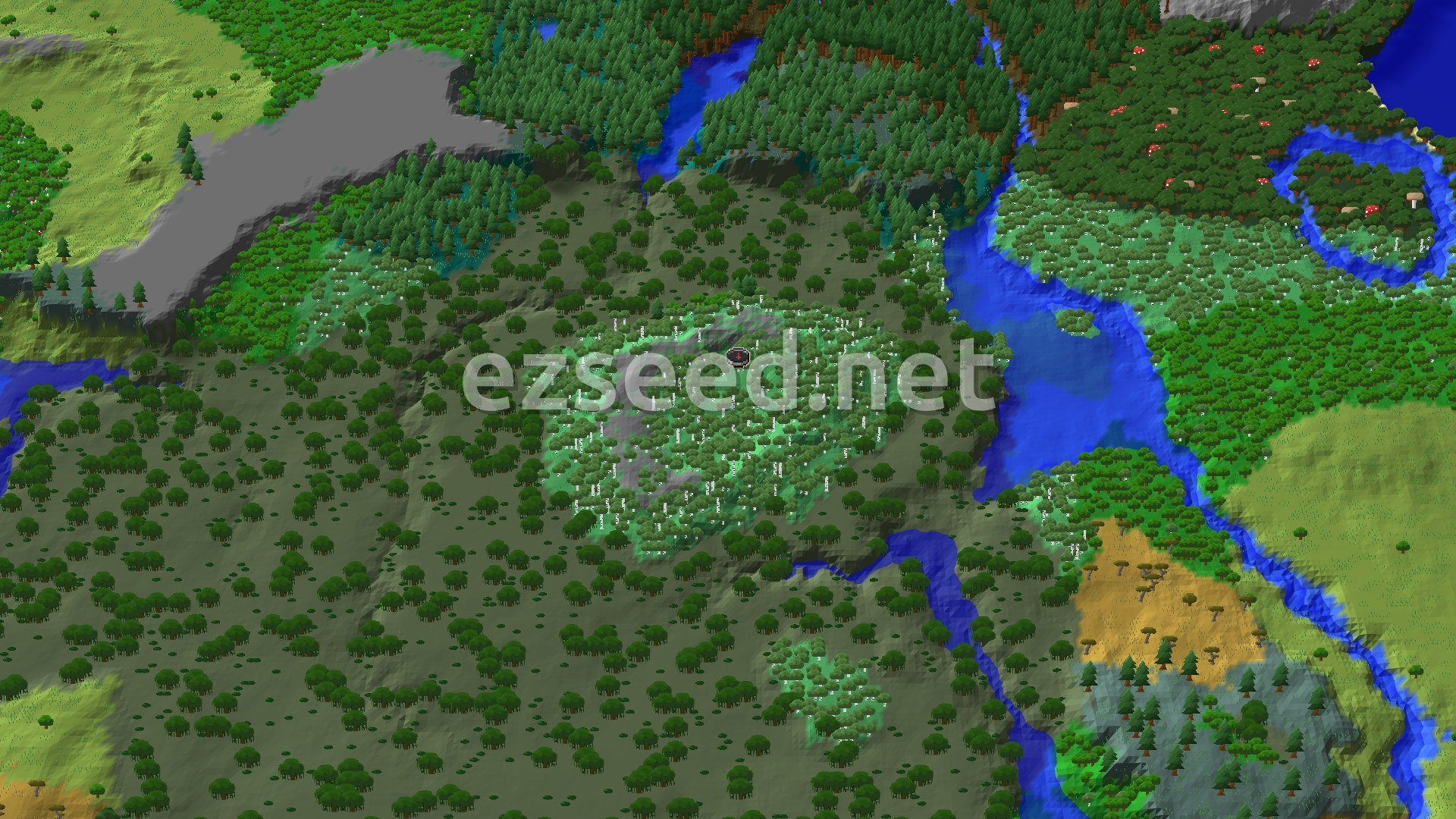 A 3D overhead view of a diverse forest landscape with a river system and scattered hills, centered on a light green birch forest.