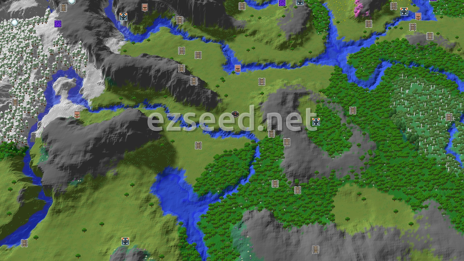 Aerial Minecraft seed map — A Cherry Grove Start with Mountains Nearby