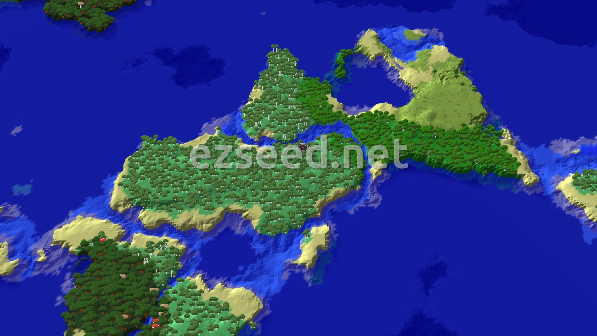 Aerial Minecraft seed map — A Woodland Mansion and Trial Chambers Not Far From Spawn
