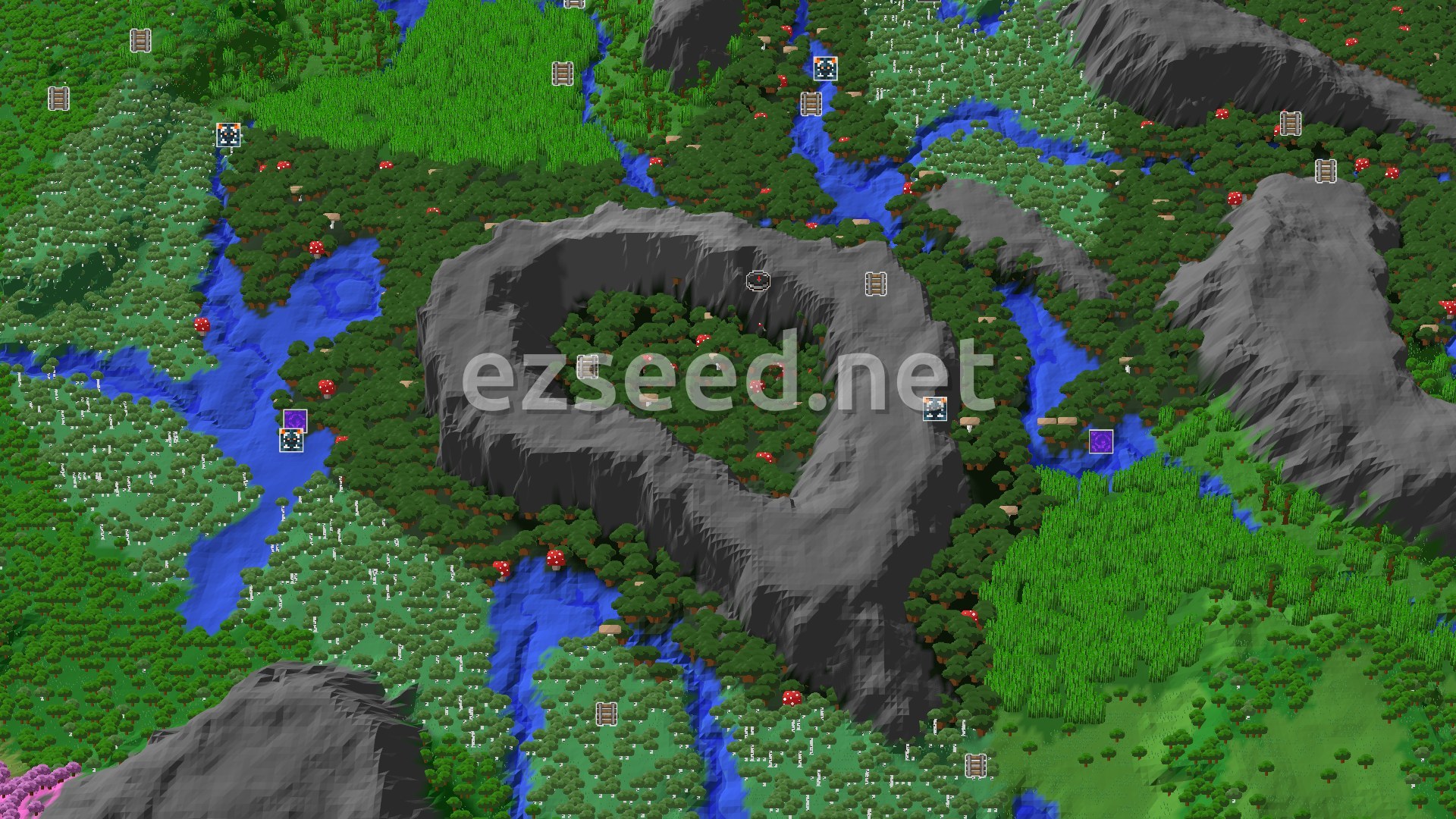 Aerial Minecraft seed map — Jungle and Dark Forest near a Pale Garden Spawn
