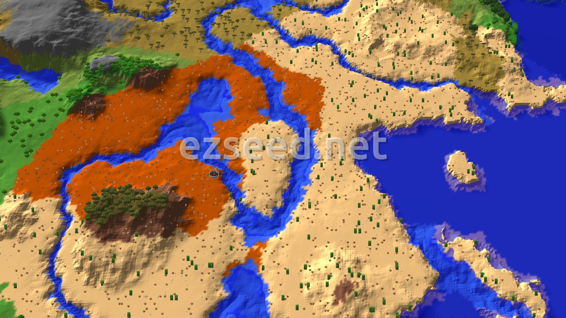 Aerial Minecraft seed map — Ancient City near Spawn in a Badlands River Valley