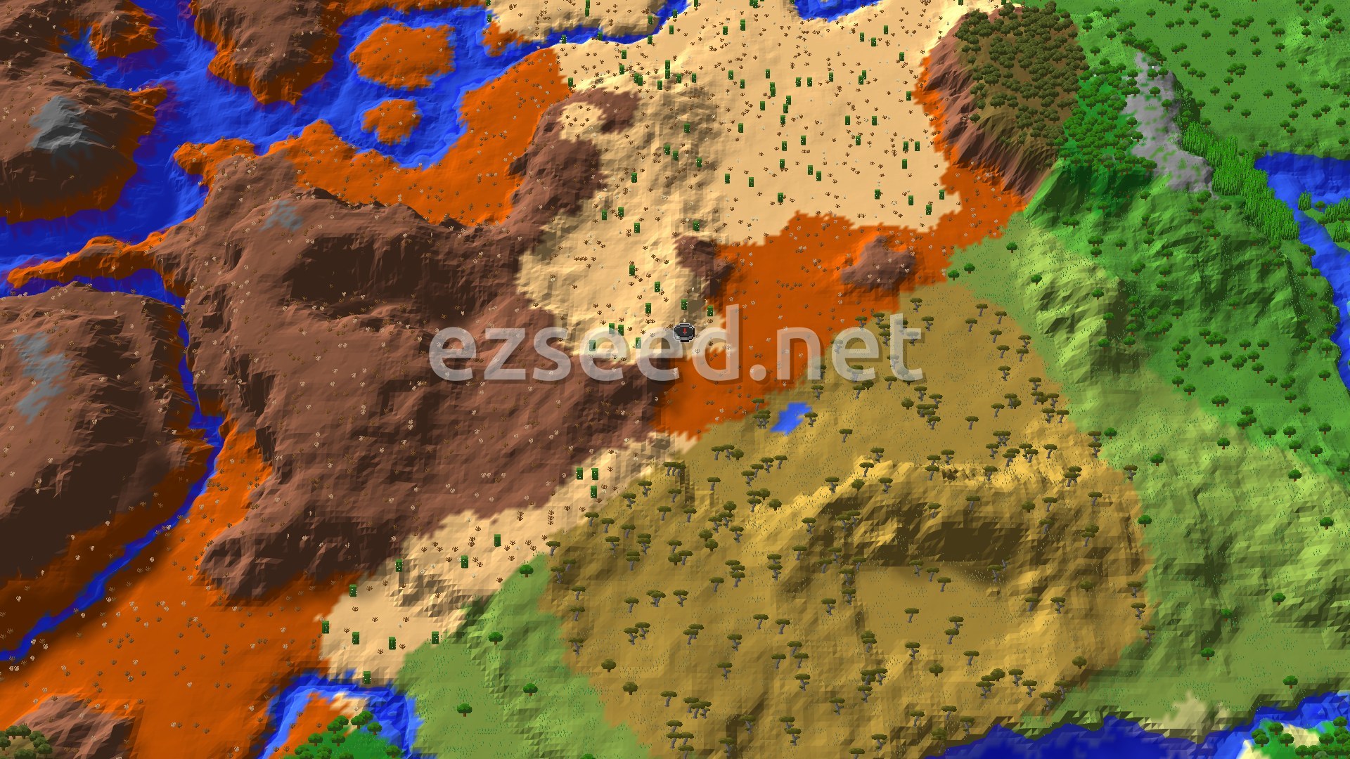 An aerial 3D view of the spawn area, showing a vast desert with patches of badlands and a large savanna to the south, bordered by rivers.
