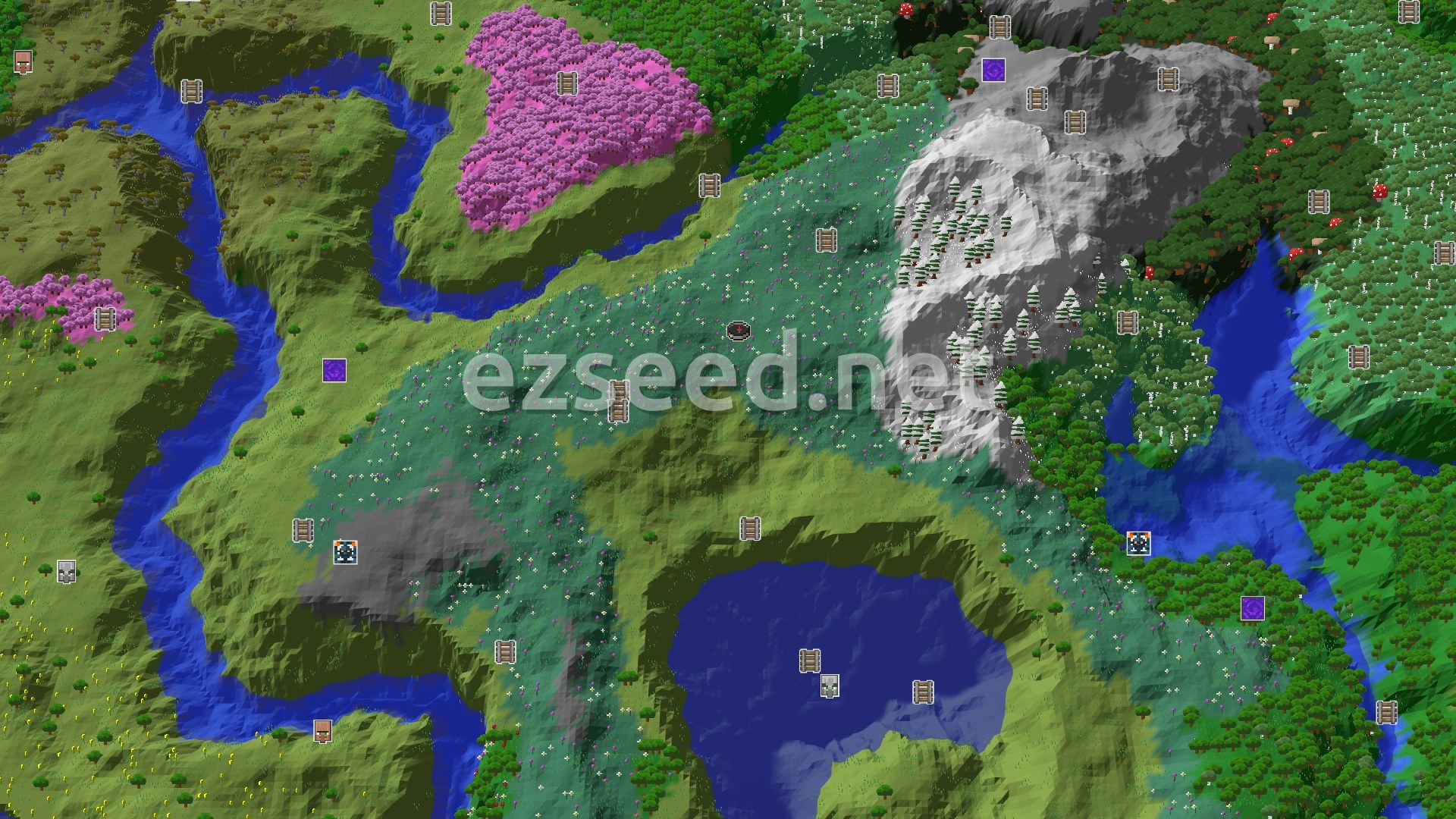 Aerial Minecraft seed map — Spawn in a Meadow with Nearby Mountains and Cherry Groves