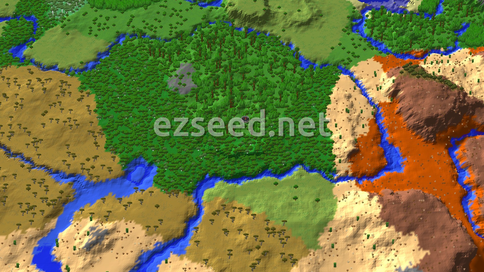 An aerial view of a dense jungle biome at the center, surrounded by rivers, savannas, deserts, and badlands. A small spawn marker is visible in the jungle.