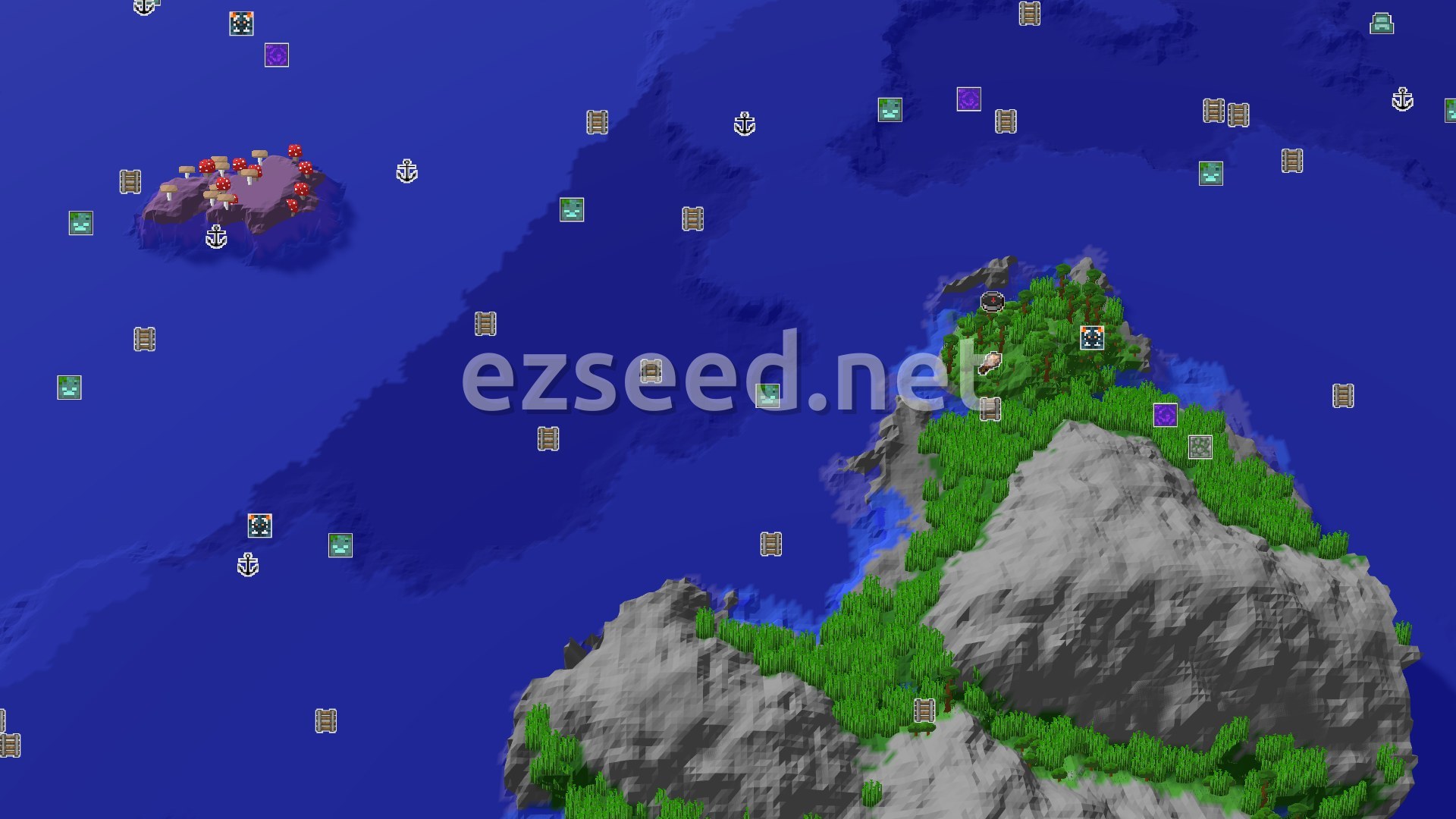 Aerial Minecraft seed map — Jungle Spawn with Quick Access to Ancient Trails