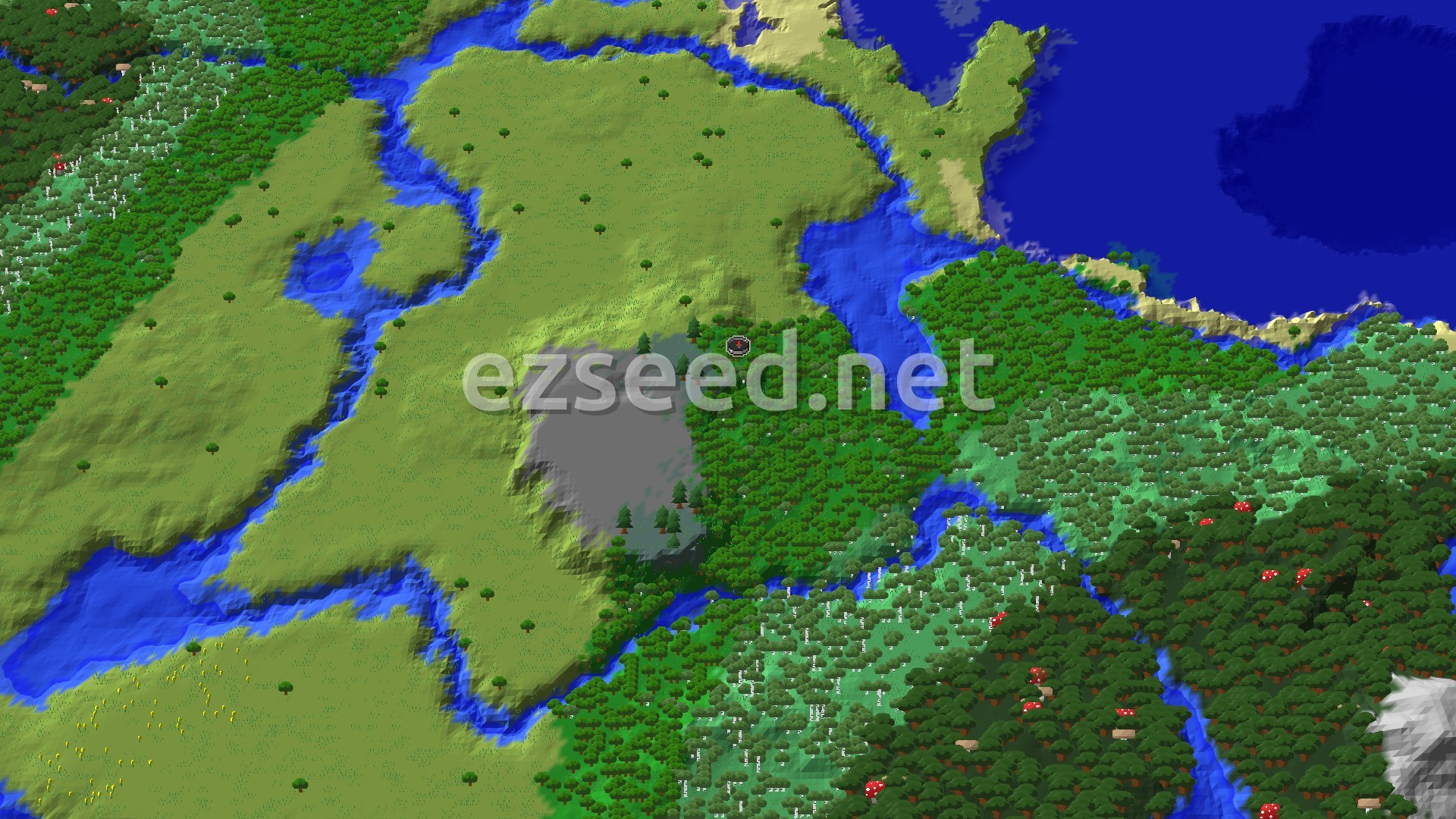 An overhead view of a green forest landscape with rivers, patches of plains, and a small spawn marker.