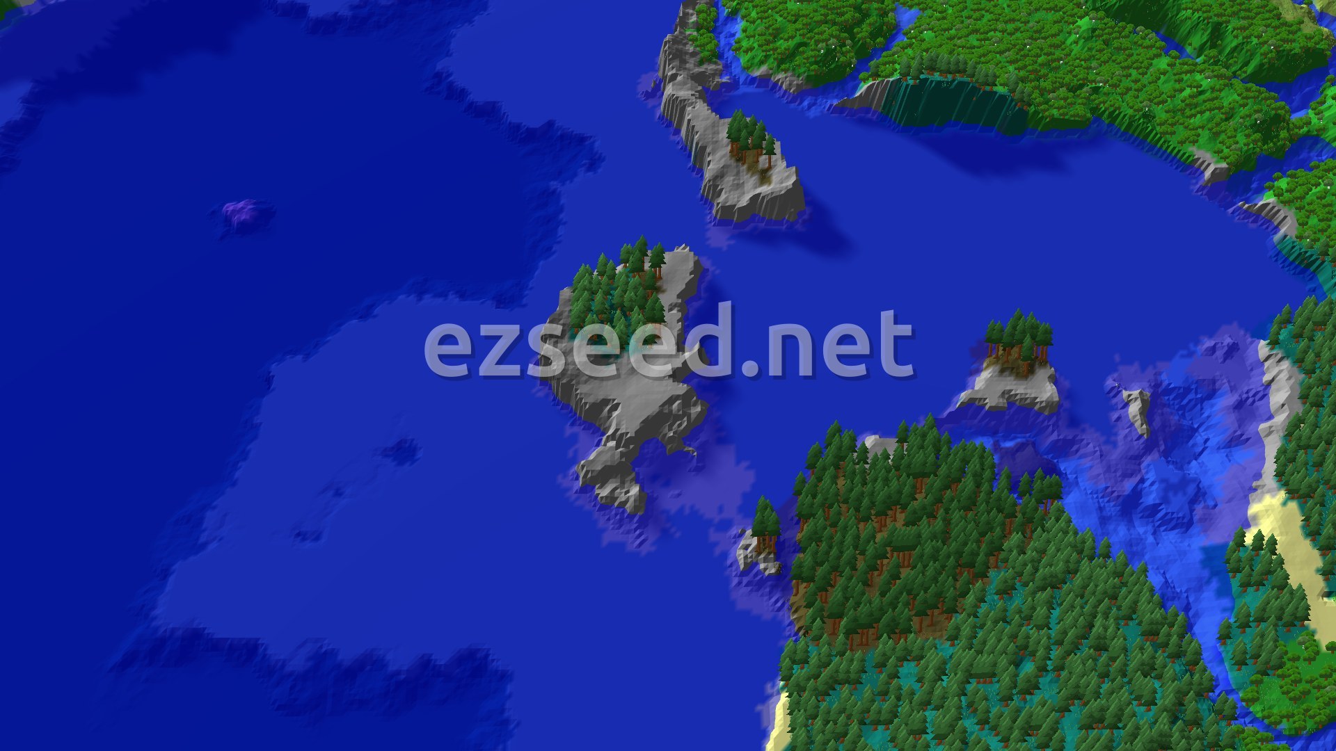 Aerial Minecraft seed map — Spawn Near a Shipwreck with Distant Mountain Vistas