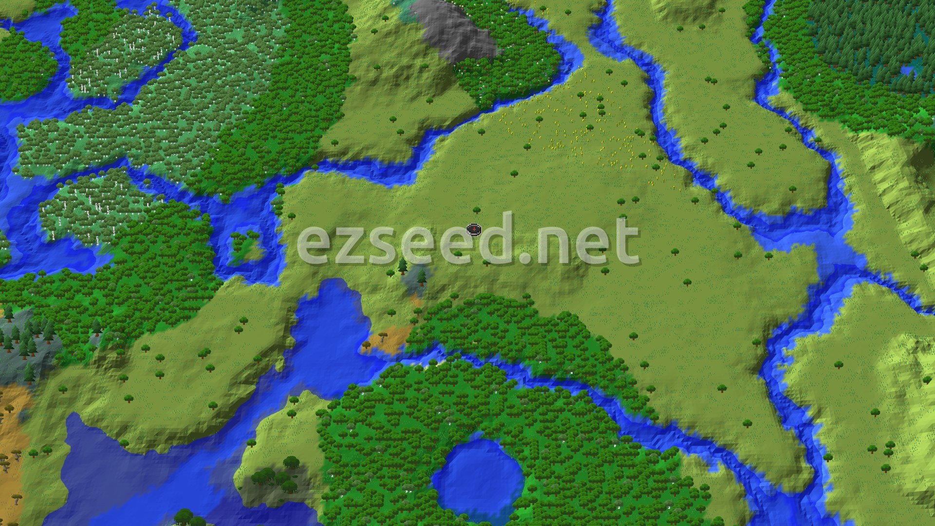 A 3D fly-over of a largely green, hilly landscape with a prominent river winding through it, surrounded by forests and open plains, with a small spawn marker in the center.
