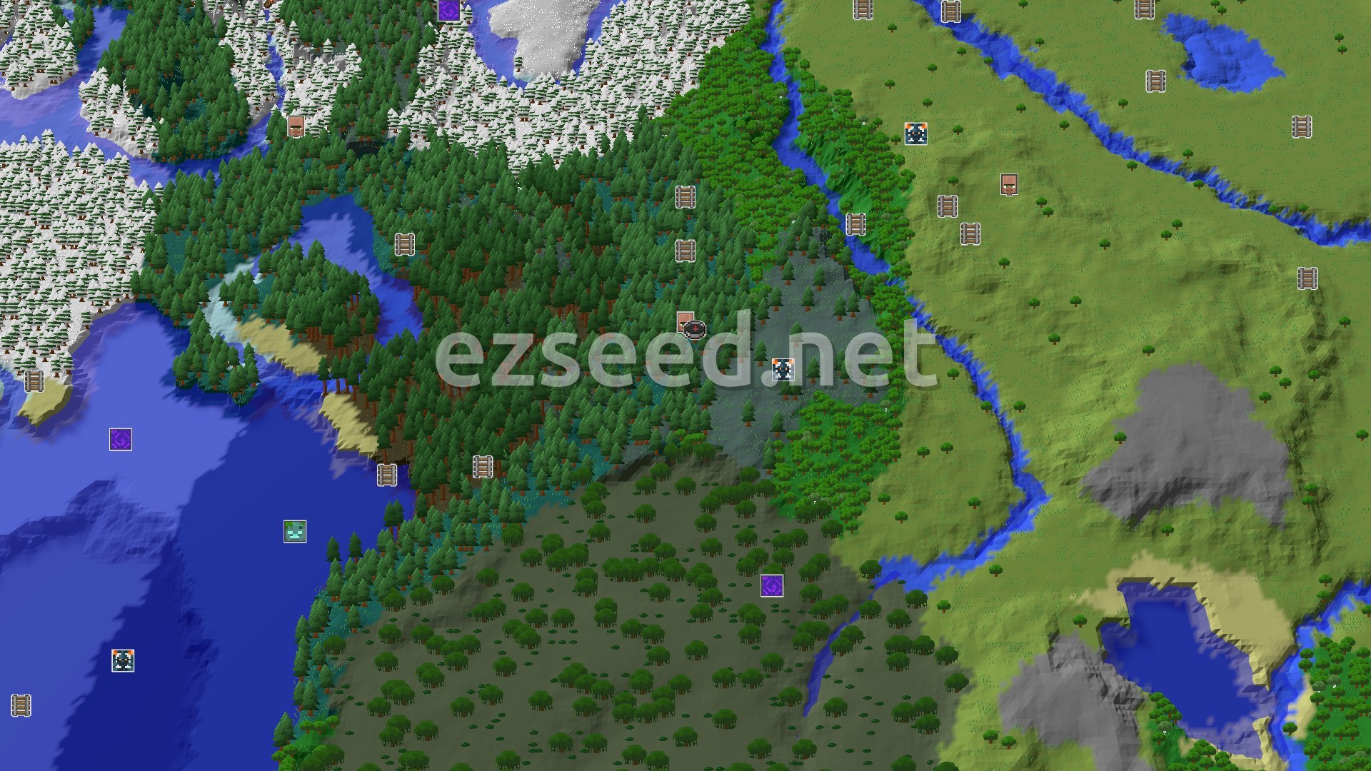Aerial Minecraft seed map — A Quick Start Village Near Taiga Forests