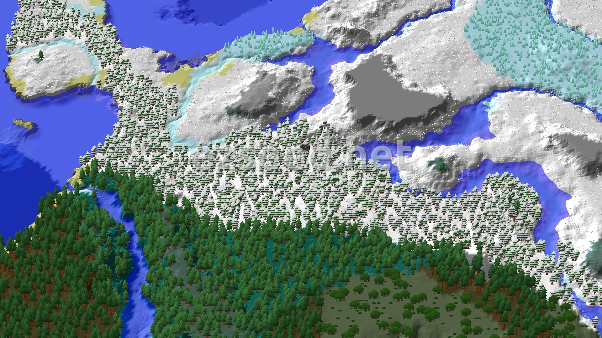 An aerial view showing a vast snowy taiga forest with scattered snowy plains and frozen rivers, bordered by a cold ocean.