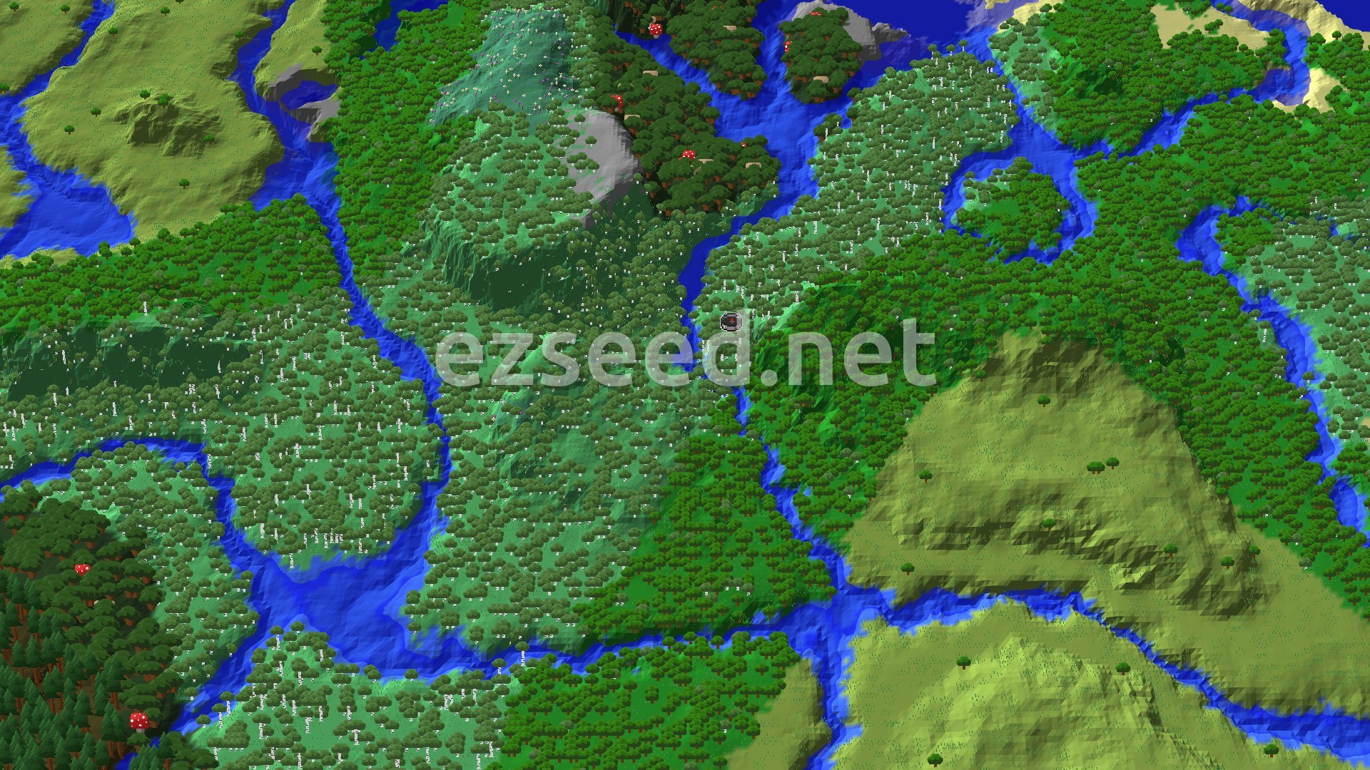 Aerial Minecraft seed map — Forest Spawn with Nearby Abandoned Village