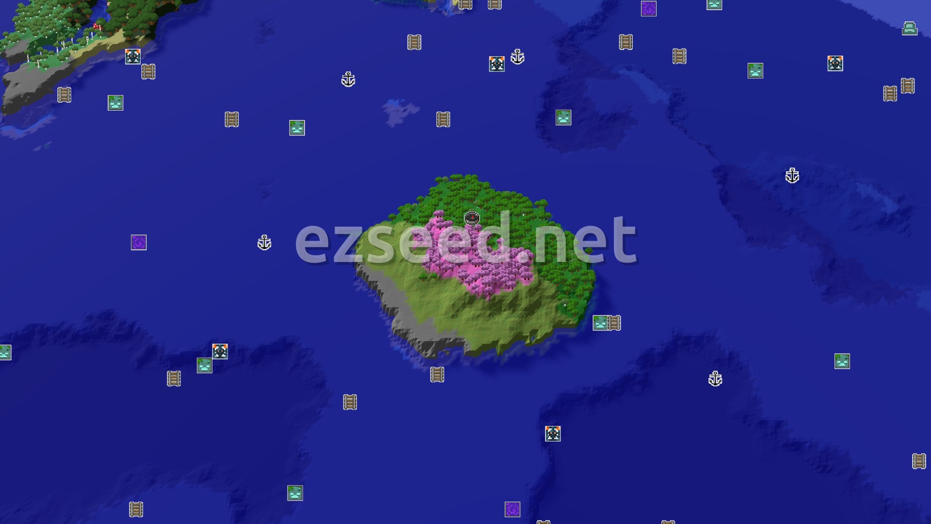 Aerial Minecraft seed map — Cherry Grove Island in an Ocean World